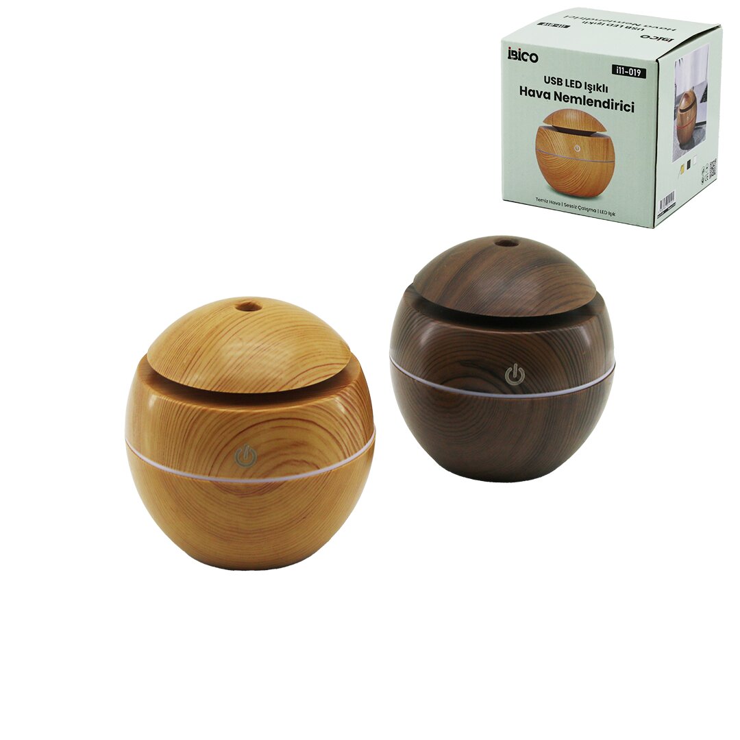YUVARLAK AHŞAP GÖRÜNÜMLÜ USB ŞARJLI - IŞIKLI HAVA NEMLENDİRİ