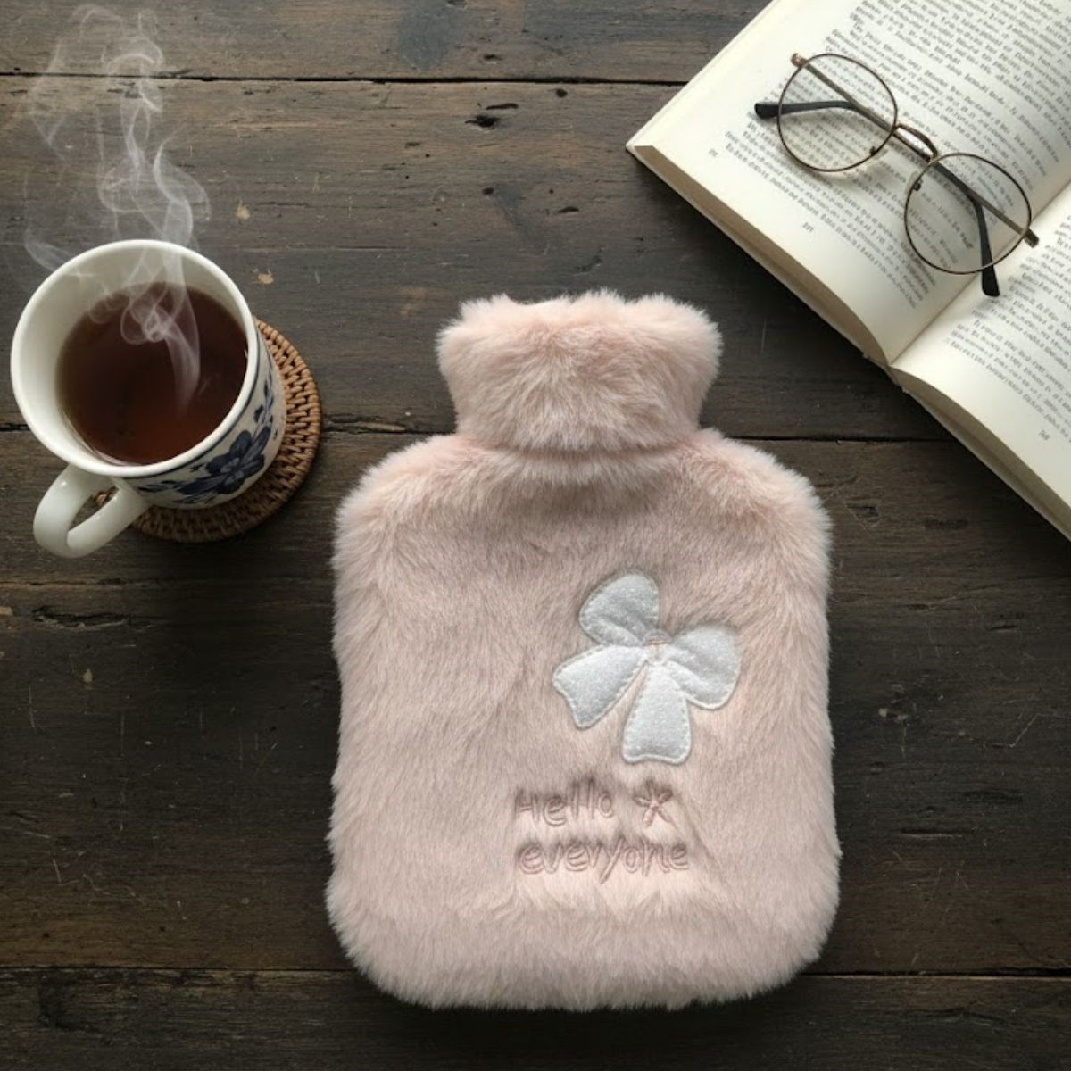 Hello Everyone Yazılı Kurdeleli Pembe Peluş Sıcak Su Torbası