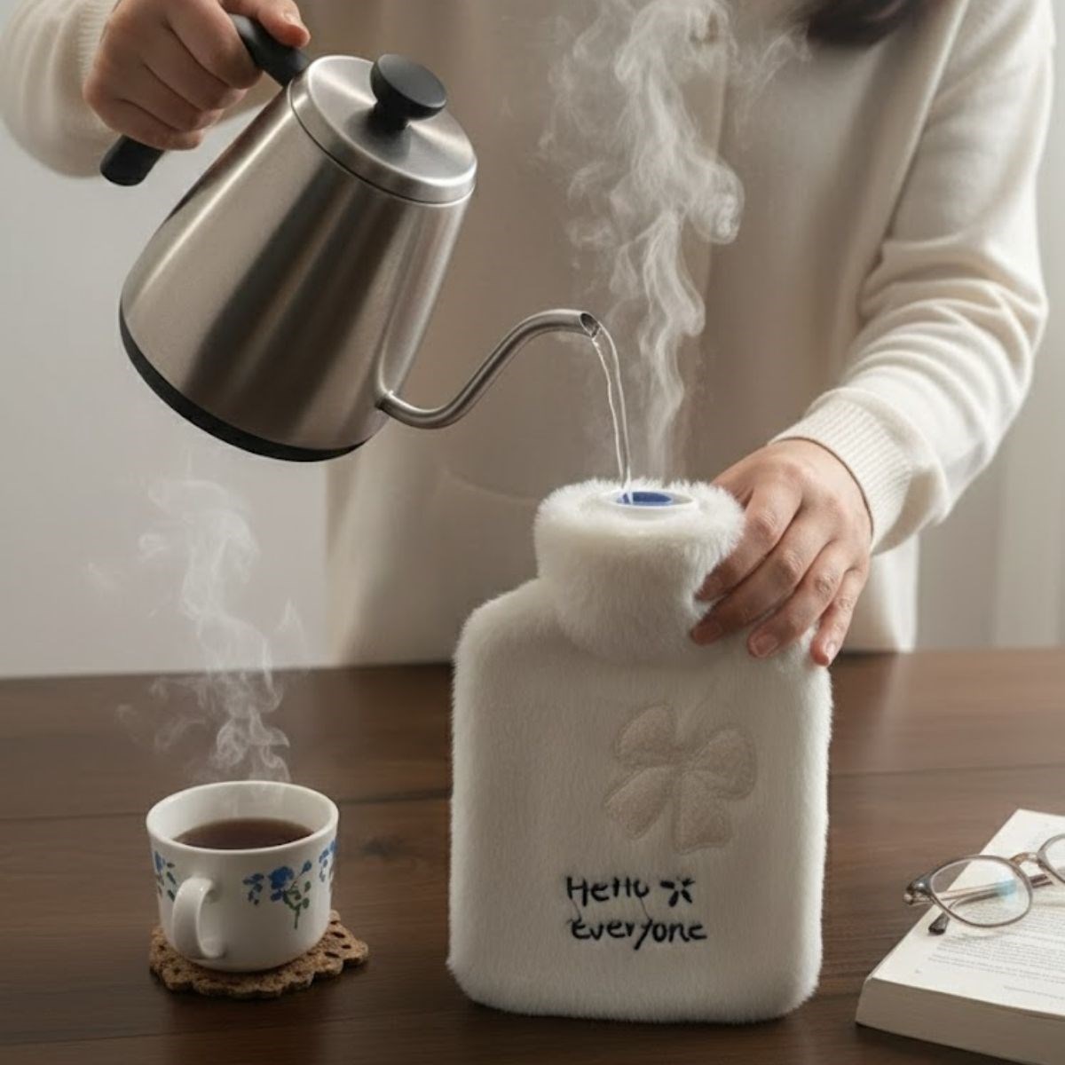 Hello Everyone Yazılı Kurdeleli Beyaz Peluş Sıcak Su Torbası 1 Lt – Yumuşak Kılıf, Uzun Süre Sıcak Tutan Termal Su Torbası (5563) #3