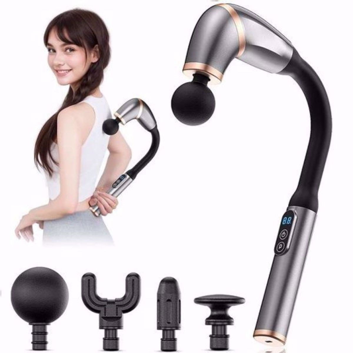 4 Farklı Başlıklı Uzun Saplı Derin Doku Masaj Tabancası, Boy