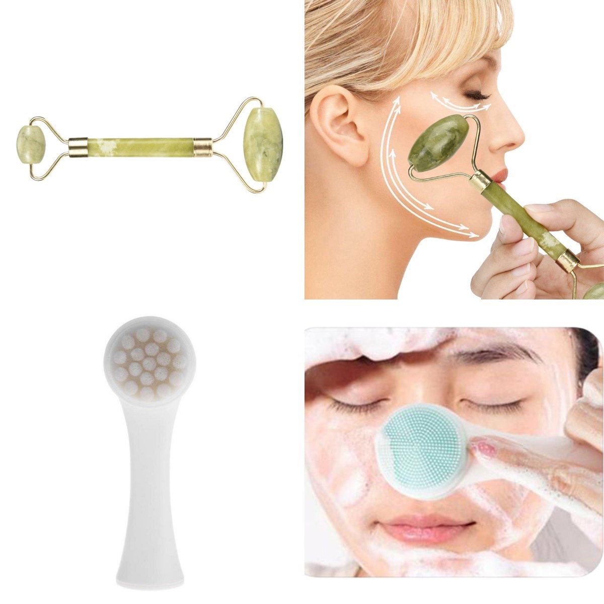 2'li Set Çift Taraflı Cilt Temizleme Fırçası ve Yeşim Taşı Çift Taraflı Cilt Masaj Aleti (5563) #3