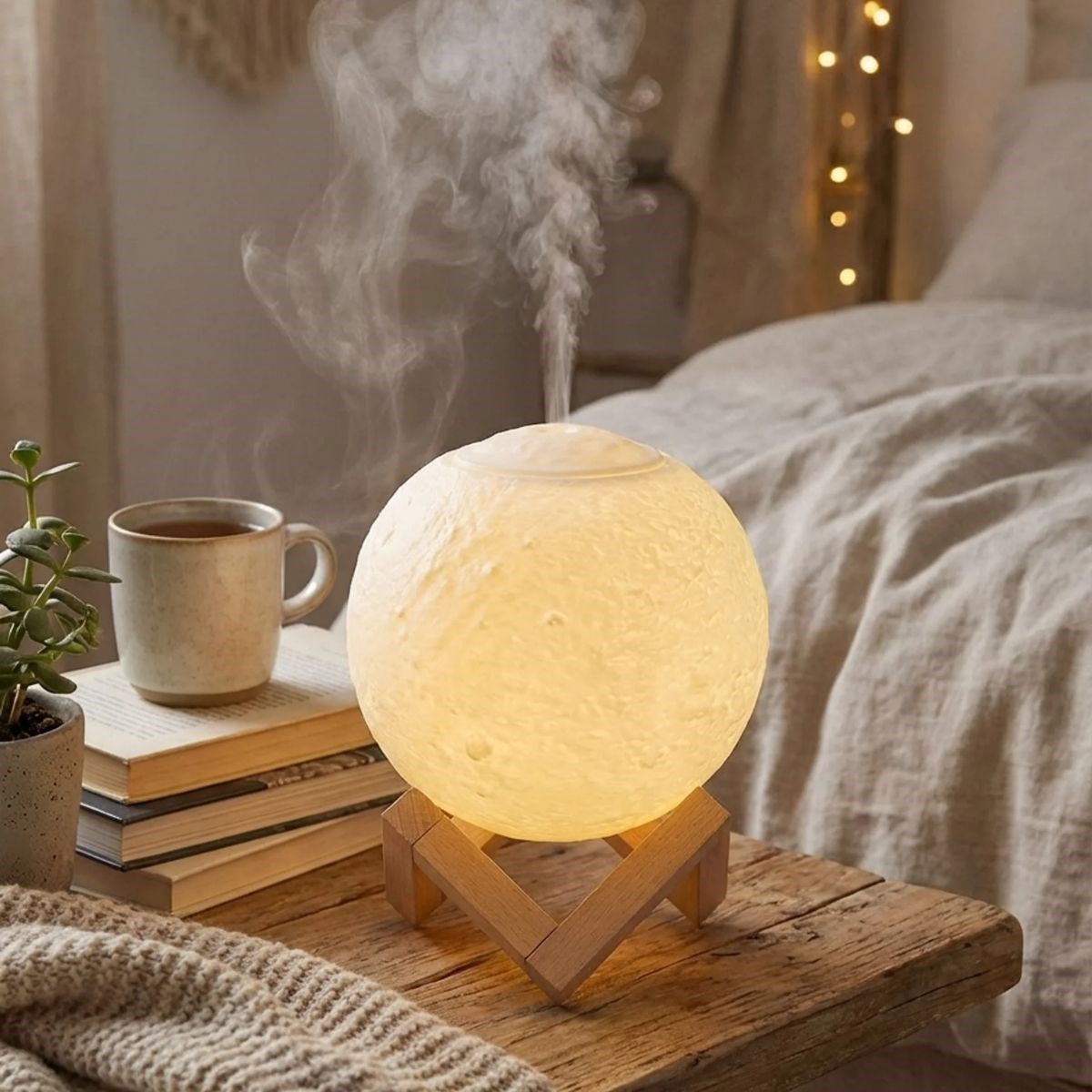 3D Ay Tasarımlı Su Yenilemeli USB Hava Nemlendiricisi – Dokunmatik, 3 Renk Işık Modlu (Gün Işığı / Beyaz / Sarı Işık) Gece Lambası (5563) #4