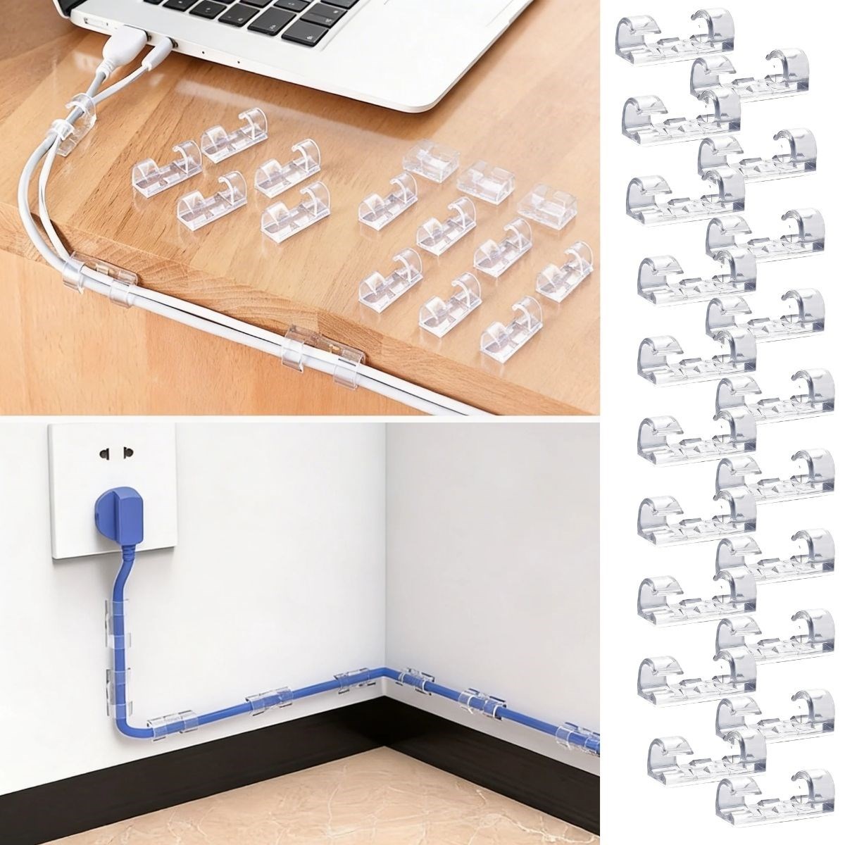 20’li Şeffaf Kablo Tutucu Klips – Kendinden Yapışkanlı Masaü