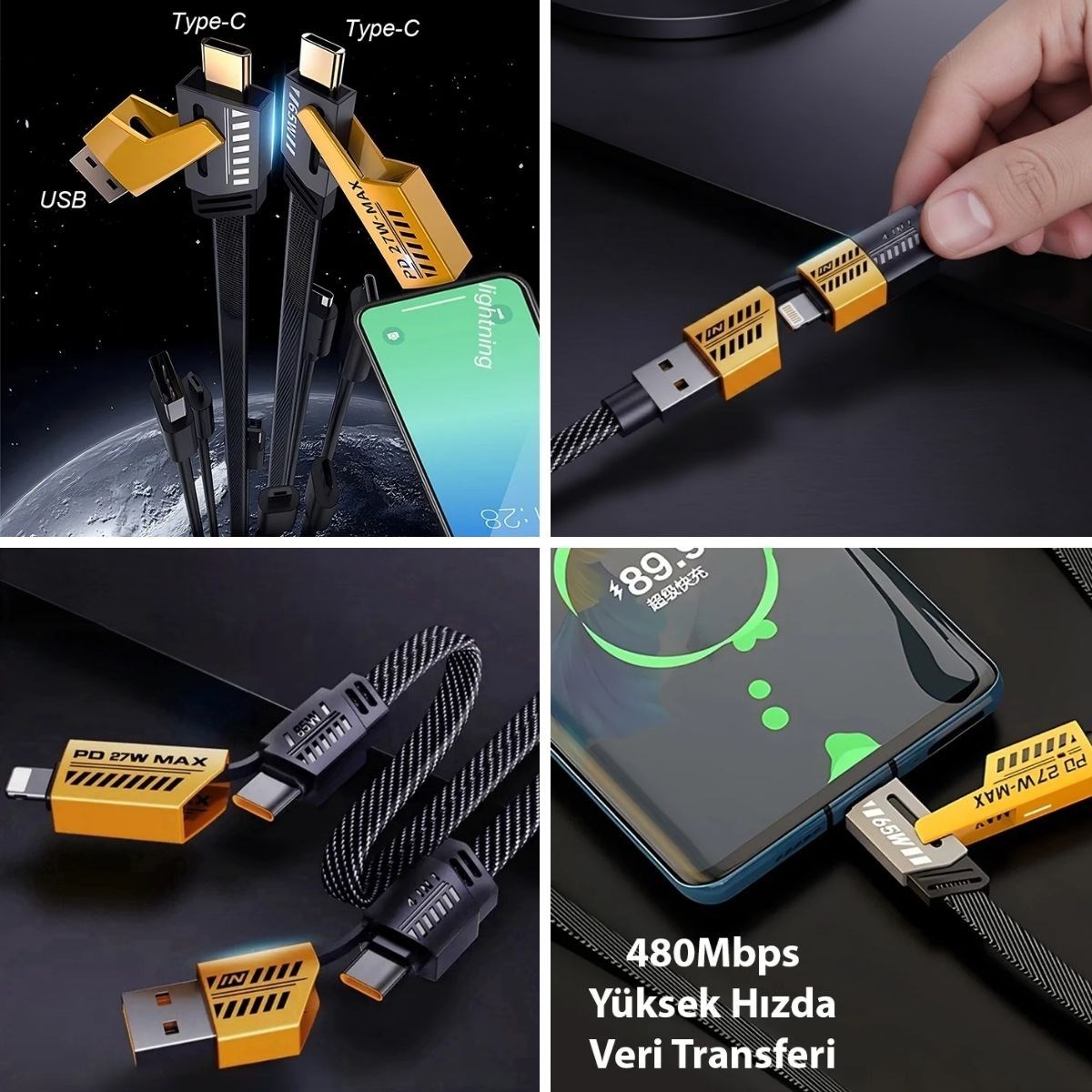 4in1 65W Hızlı Şarj Kablosu – Type-C to USB-A + Type-C to Lightning, 27W PD Destekli Çoklu Şarj Kablo (5563) #4