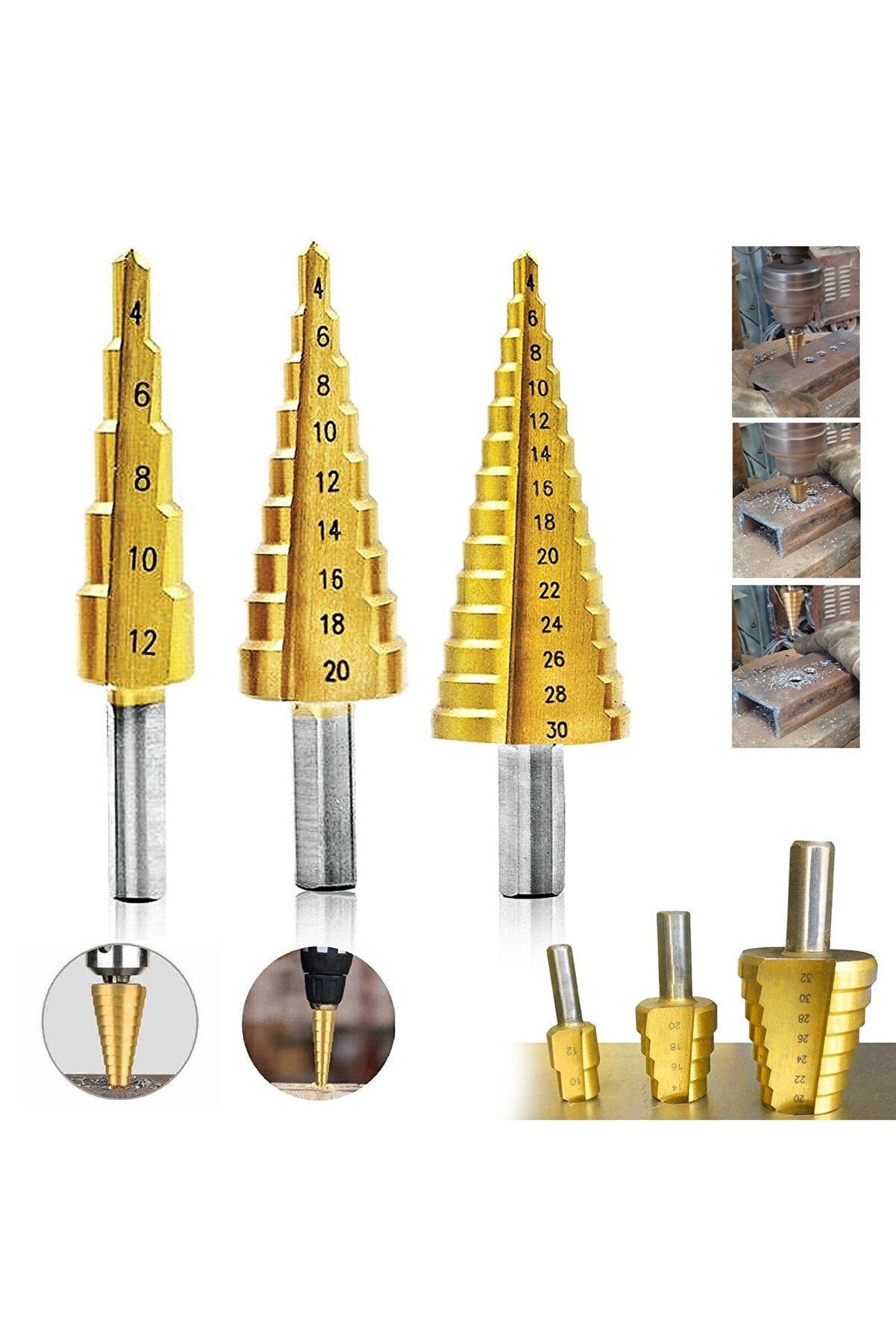 3 lü Set Matkap Ucu Kademeli Sac Delme Aparatı HSS Titanyum