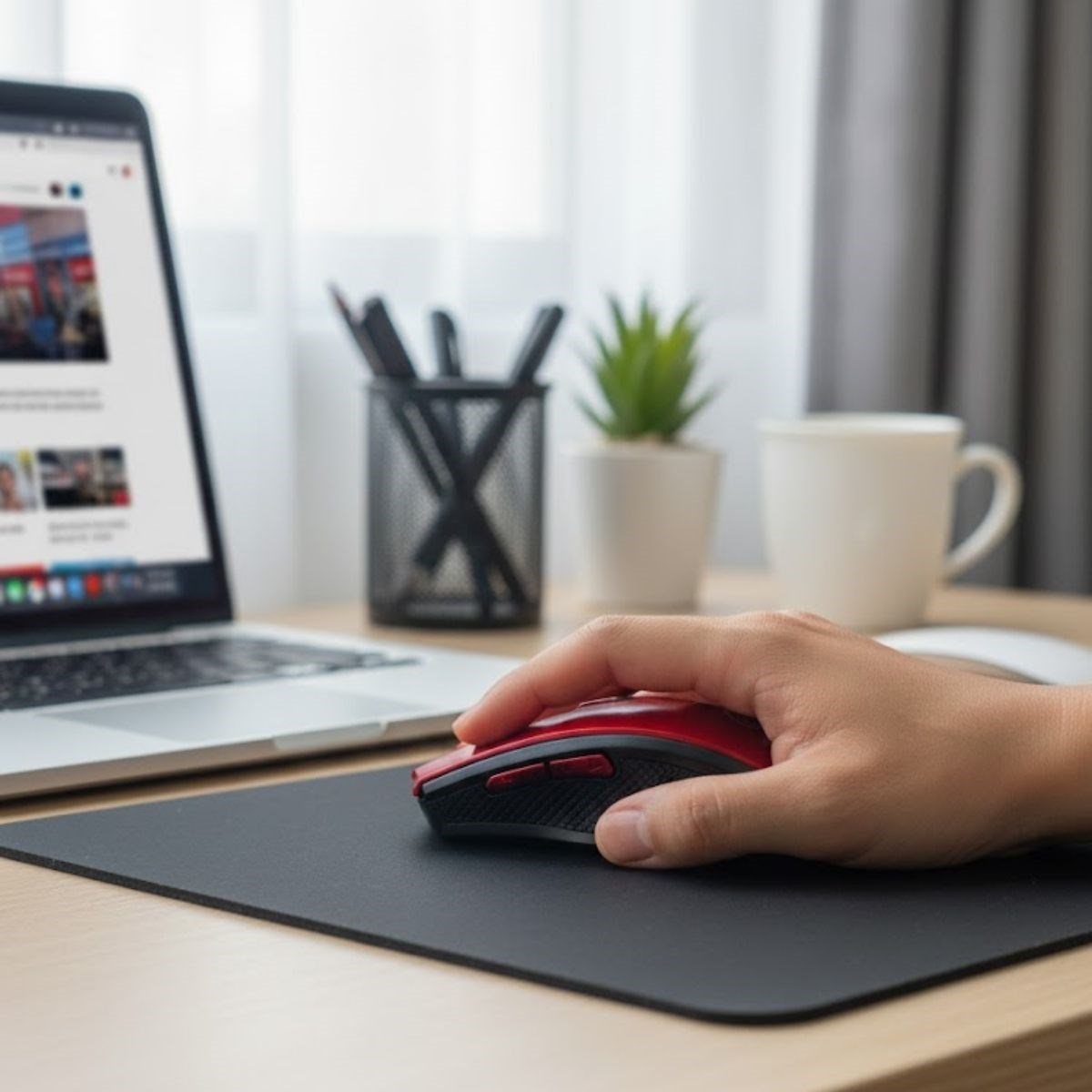 Kırmızı Renkli Baş Parmak Destekli Ergonomik Sessiz Kablosuz Mouse – USB Alıcılı, Ofis ve Oyun İçin Konforlu Bilgisayar Faresi MS6300 (5563) #2