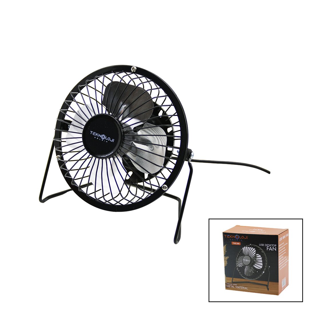 USB - MİNİ FAN METAL KASA - AYAK=360 DERECE MASA ÜSTÜ VANTİLATÖR 4-METAL PERVANE 13.5X11X15CM5V-2.5W (5563)
