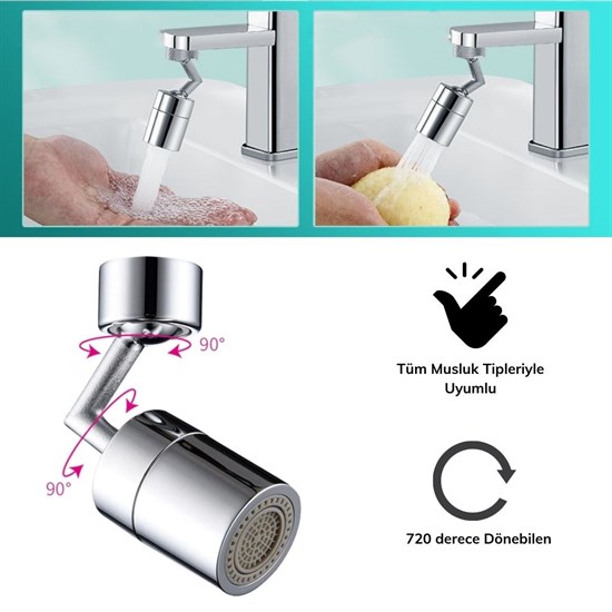 720 Derece Dönebilen 4 Filtreli Tüm Musluk Tipleri İle Uyumlu Montaj Aparatlı Musluk Başlık (5563) #5