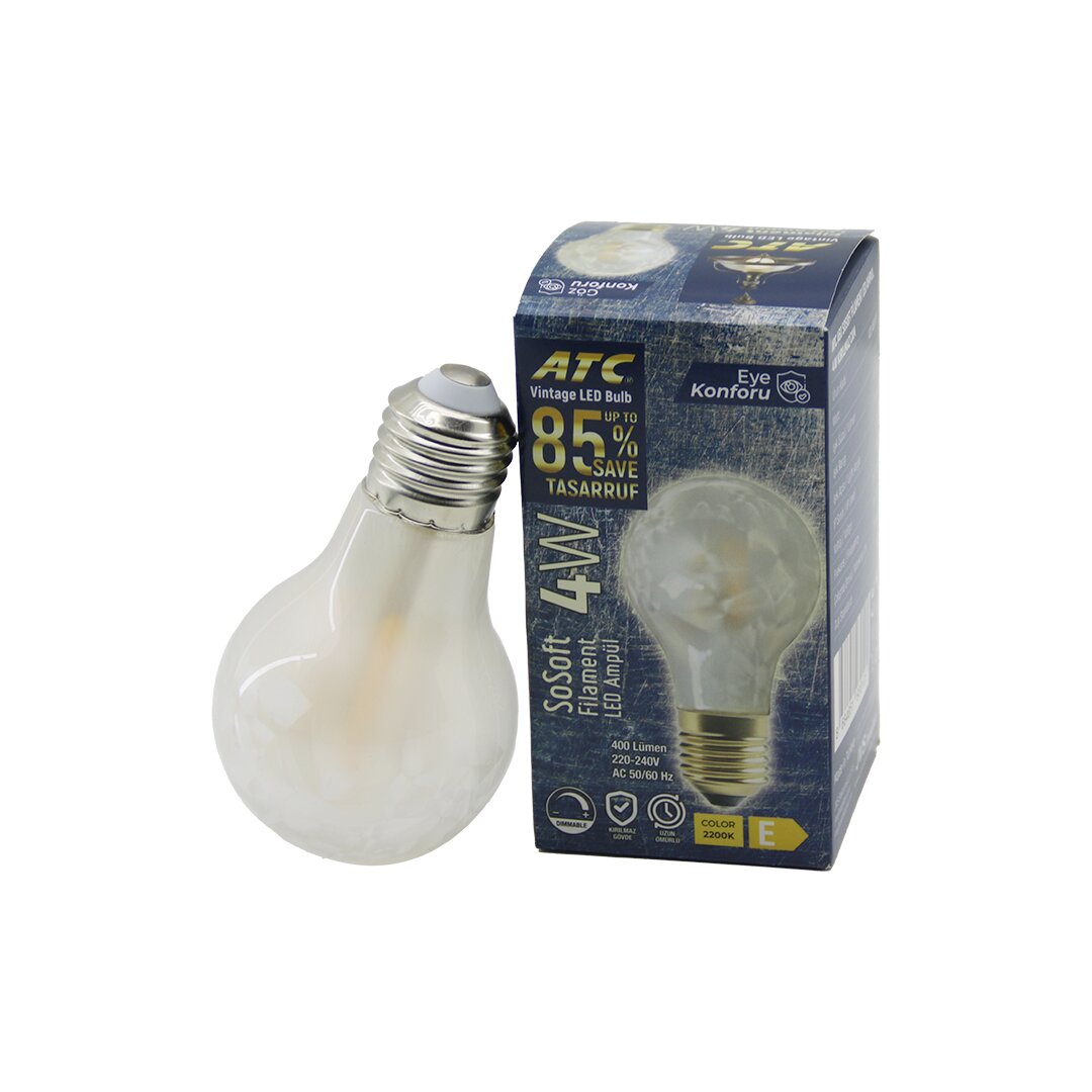 ATC-A60-SS VİNTAGE SOSOFT FİLAMENT 4W LED AMPUL LAMBA E27 KIRILMAZ PLASTİK CAM 400 LÜMEN 2200K 25.000 SAAT (5563)