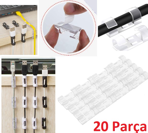 20&amp;apos;li Yapışkanlı Kablo Sabitleyici Şeffaf Klips (55