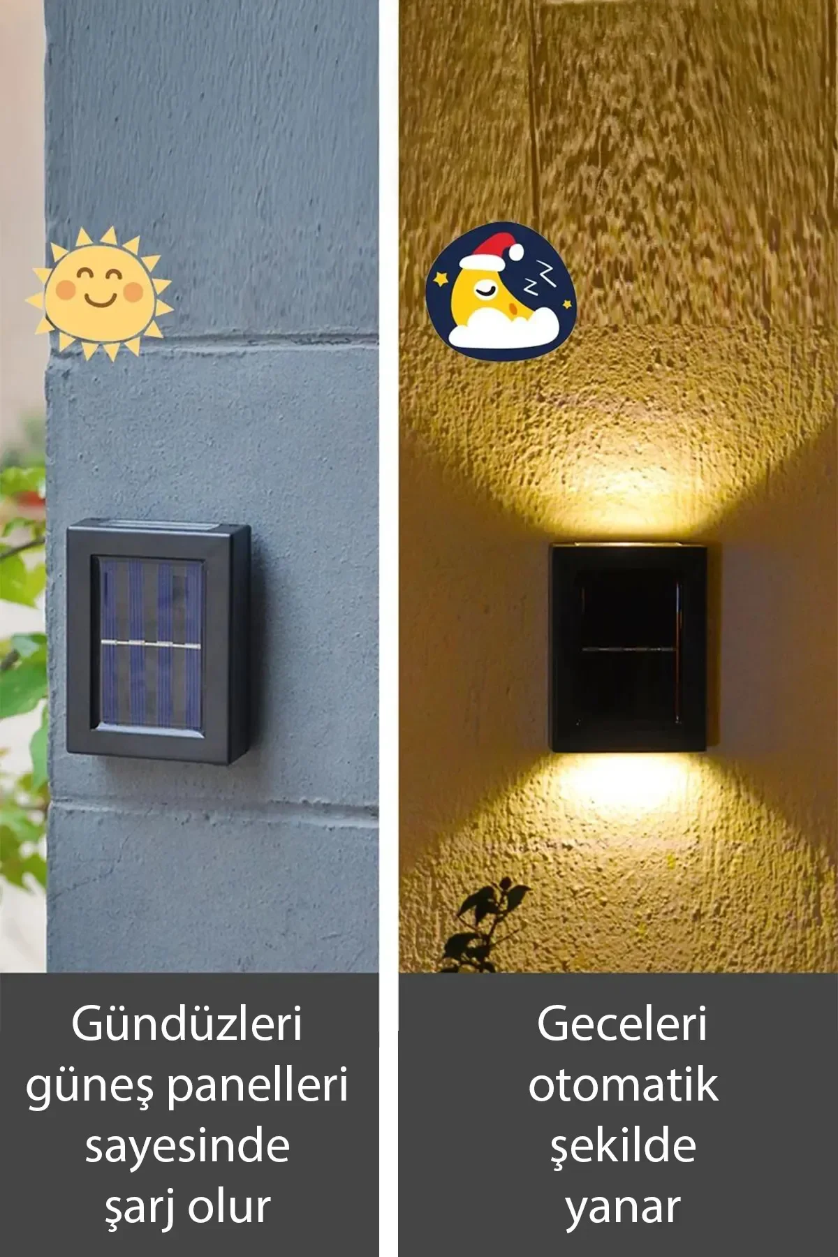 Solar Çift Taraflı Duvar Lambası Güneş Enerjili Aydınlatma Dekorasyon Aplik Işık 2 Li (5563) #4