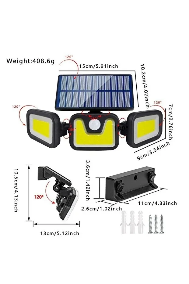 Üçlü Solar Led Projektör – Beyaz Işık – Sensörlü Dış Mekân A