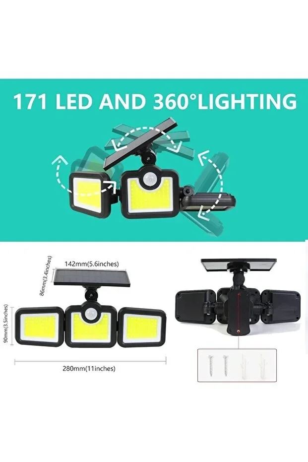 Üçlü Solar Led Projektör – Beyaz Işık – Sensörlü Dış Mekân Aydınlatma (5563) #2