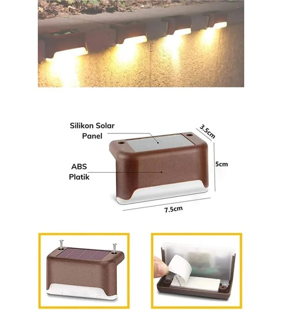4 ADET SOLAR MERDİVEN LED - KAHVERENGİ KASA (5563)