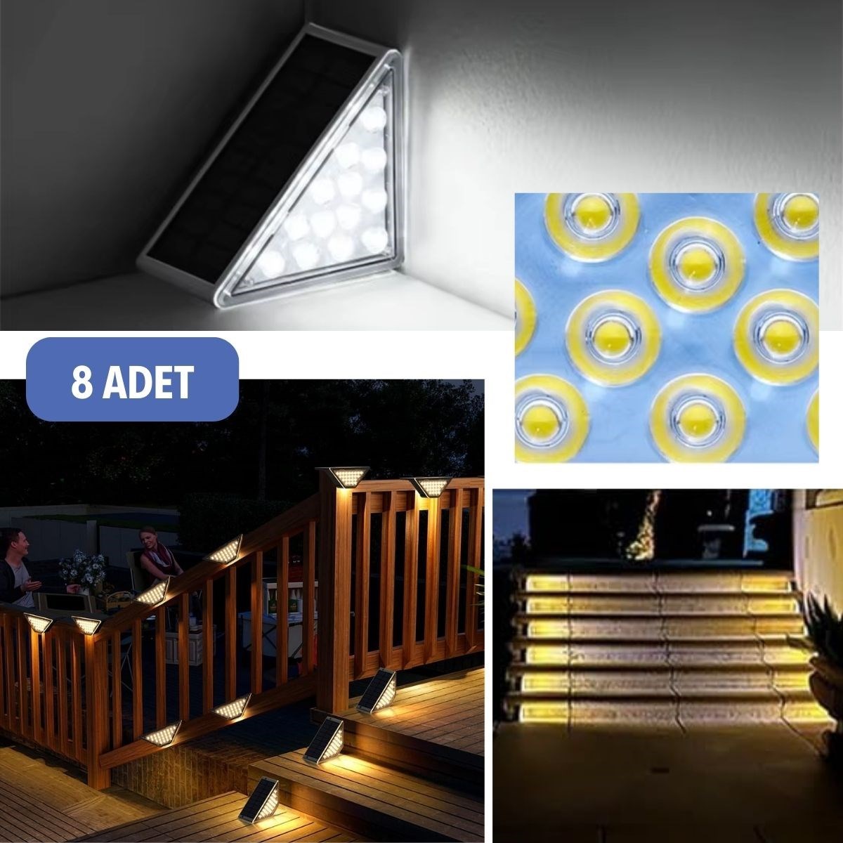  8 Adet Üçgen  Güneş Enerjisi ile Şarj Olan Dış Mekan Solar Basamak Köşe Lambası (5563) #4