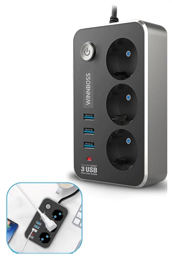 Wärmefestes Verlängerungskabel 2m 10A 2500W 3-fach Steckdose & 3 USB 2.1A #2
