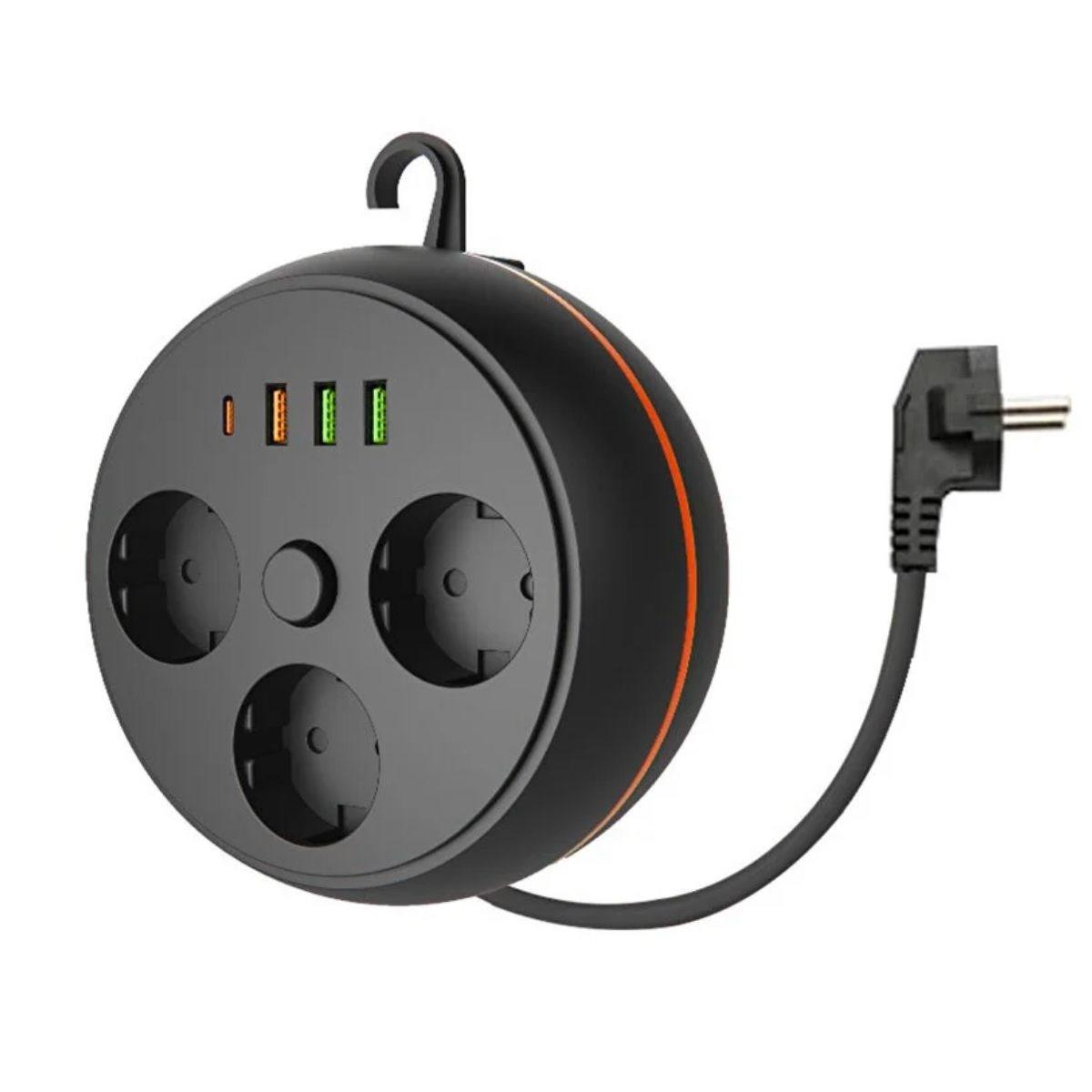 Thermal Overload Protected Power Strip with 3 Sockets, 3 USB