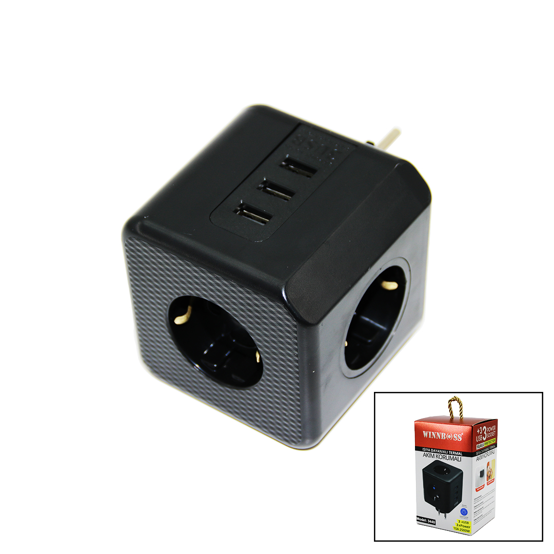 Thermal Current Protected 3 Outlet 3 USB Wall Socket Black