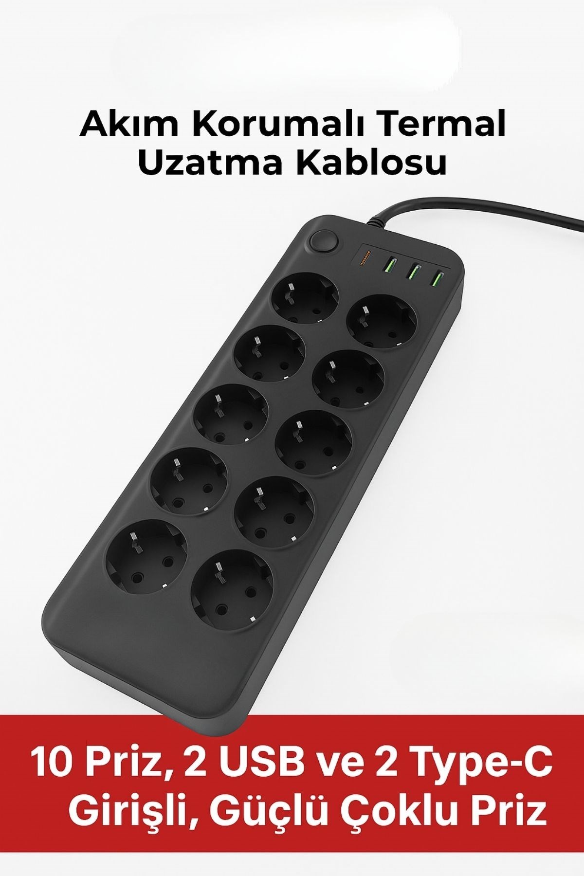 Akım Korumalı Termal Uzatma Kablosu – 10 Priz, 2 USB ve 2 Type-C Girişli, Güçlü Çoklu Priz (5563) #4