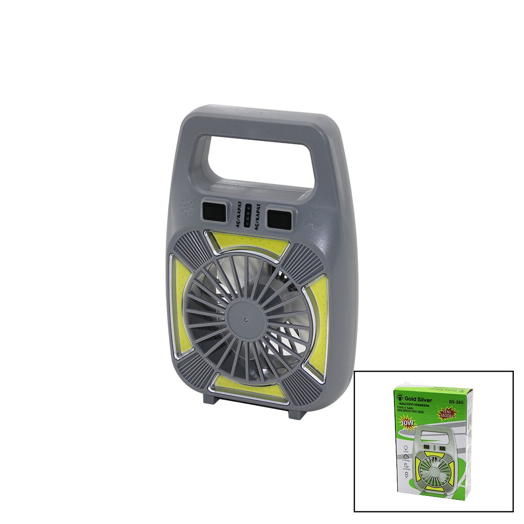 2İN1=MİNİ FAN - FENER USB ŞARJ 2 KADEME HIZ LAMBA=4 FONKSİYON - 10W SU GEÇİRMEZ TAŞIMA KULP MİNİ VANTİLATÖR GS-265 (5563)