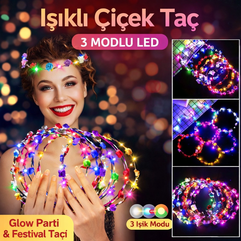 Colorful LED Flower Crown – 3 Light Mode Glow Party Tiara (5