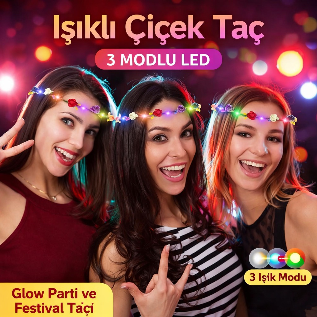 Renkli LED Çiçek Taç – 3 Işık Modlu Glow Parti Tacı (5563) #2