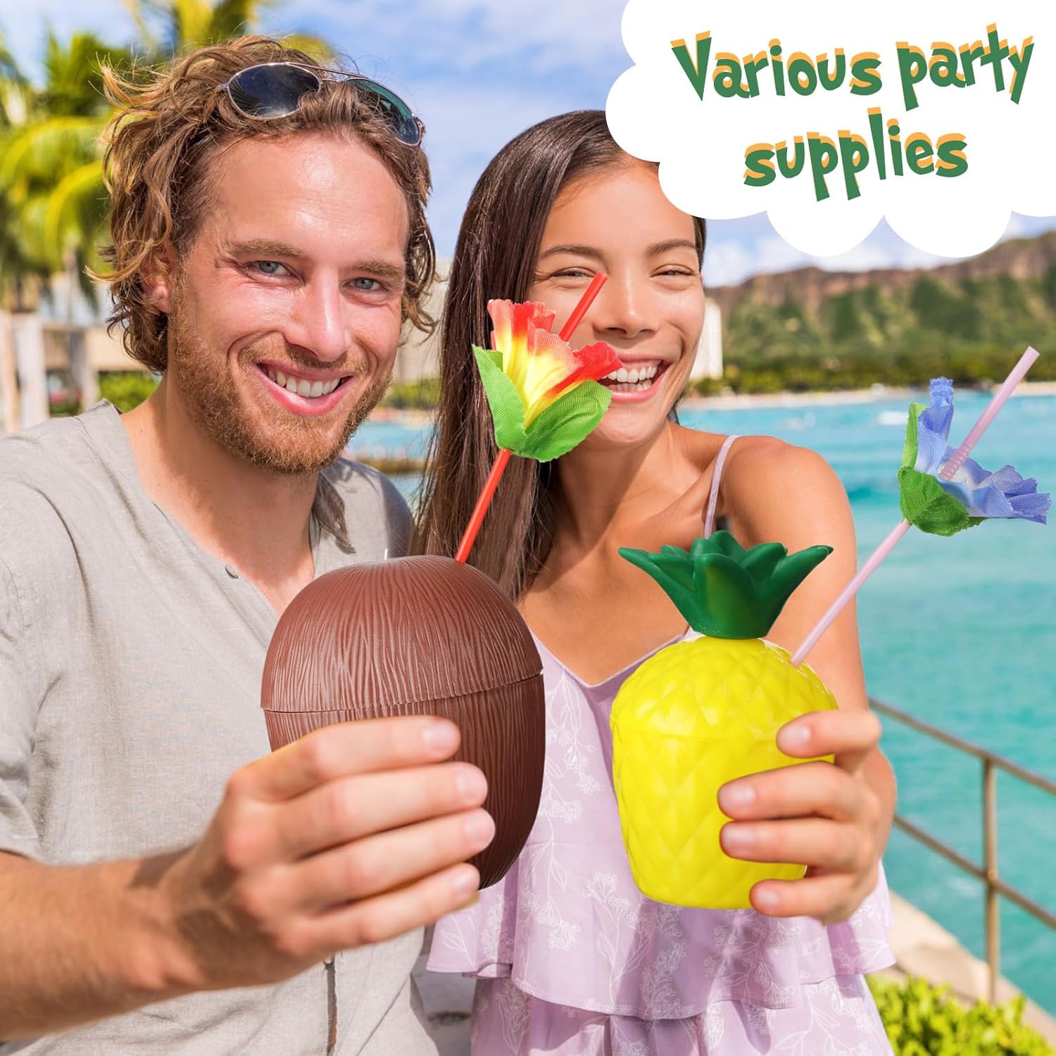 Tropikal Parti Bardak Seti – Ananas ve Hindistan Cevizi Şekilli Pipetli Bardaklar (20 Adet) (5563) #2