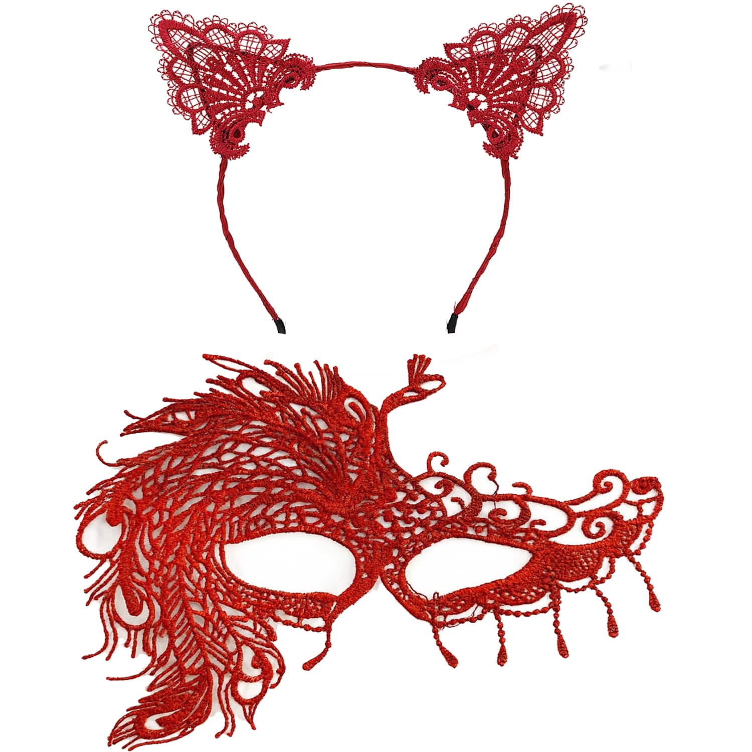 Alevin Zarafeti Kırmızı Dantel Maske ve Taç Seti 4 No – Kadın Kostüm Tamamlayıcı (5563) #2