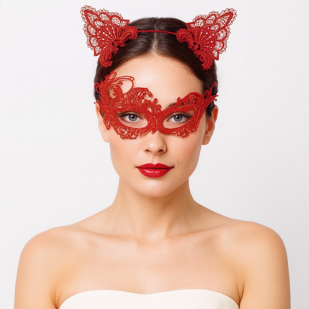 Geheimnisvolle rote Spitzenmaske und Krone Set 1 - Kostümset (5563) #3