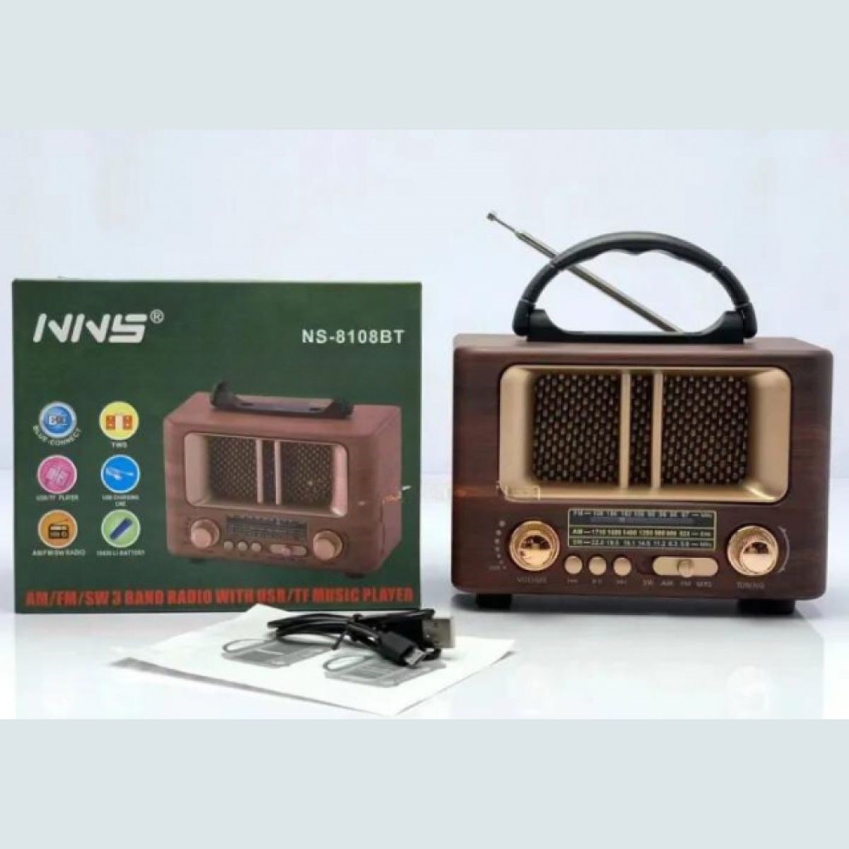 Mini Retro-Holzradio mit Bluetooth-Lautsprecher – FM/AM, tragbar, aufladbar NS-8108 #4