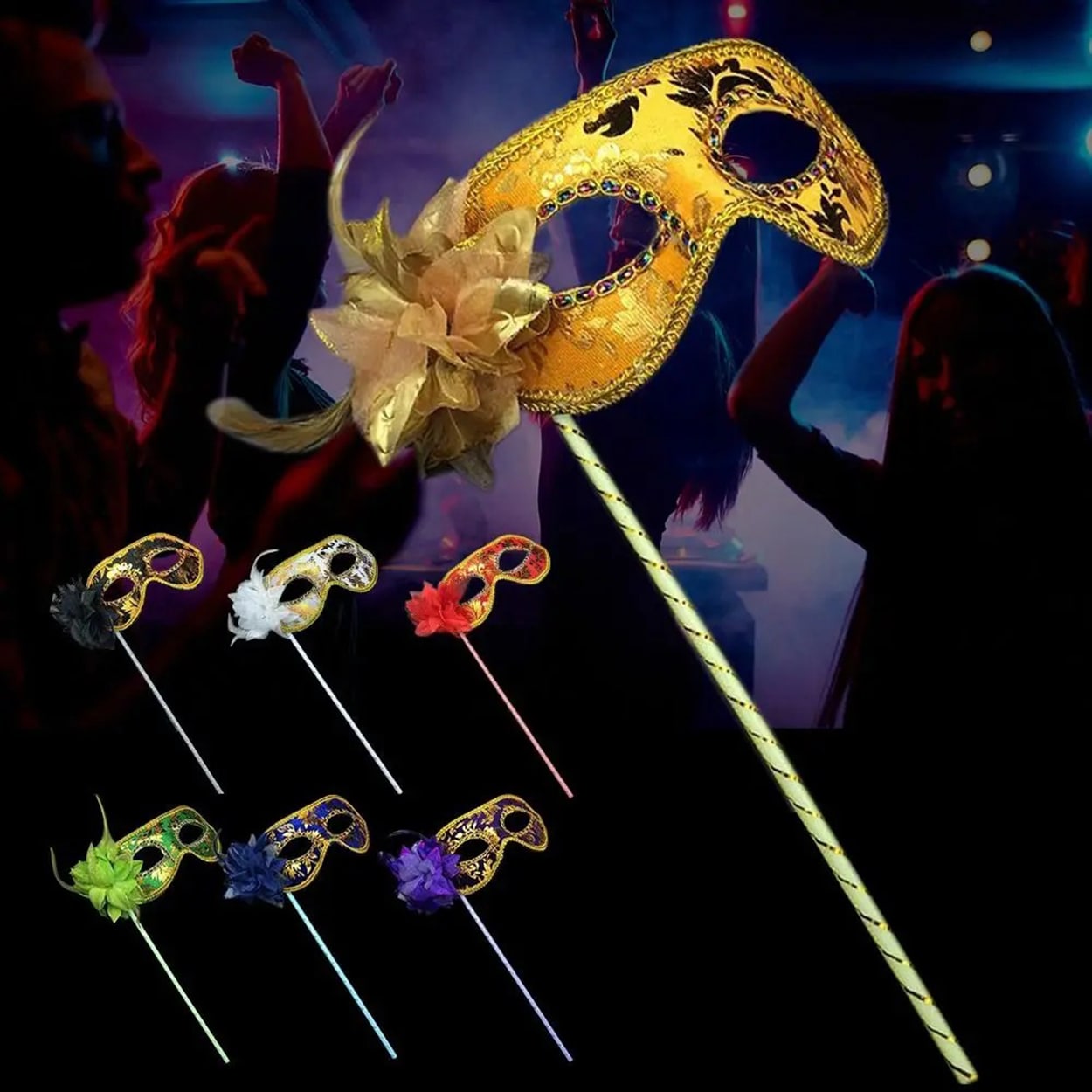 Lüks Taşlı Saplı Maskeli Balo Maskesi Altın Renk 35 cm (5563) #3