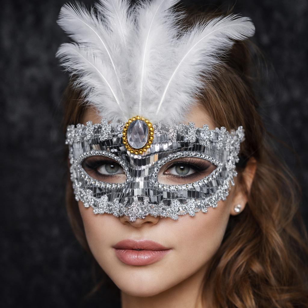 Gümüş Renk Payetli Pullu Tüylü Parti Maskesi 17x20 cm (5563)