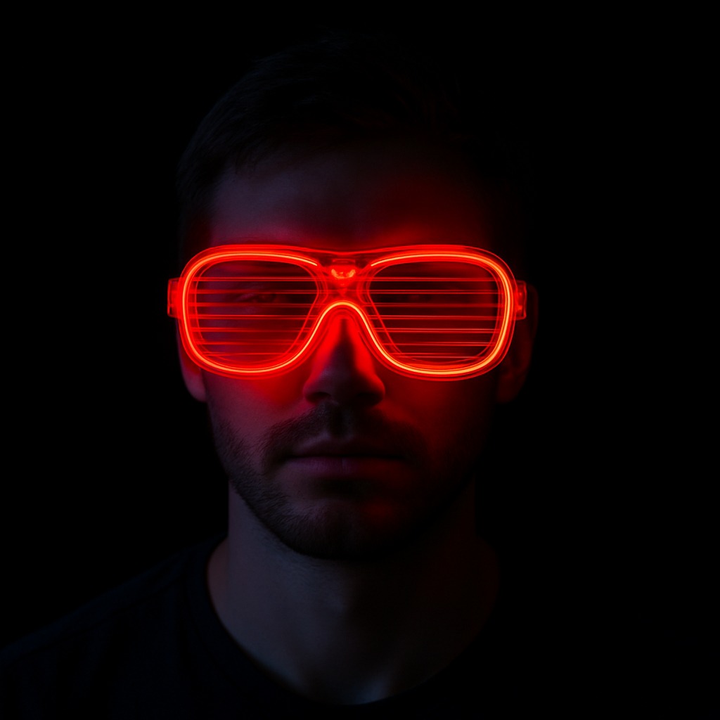 Kırmızı Led Işıklı Parti Gözlüğü - Neon Glow Şerit Gözlük 3 Modlu (5563) #3