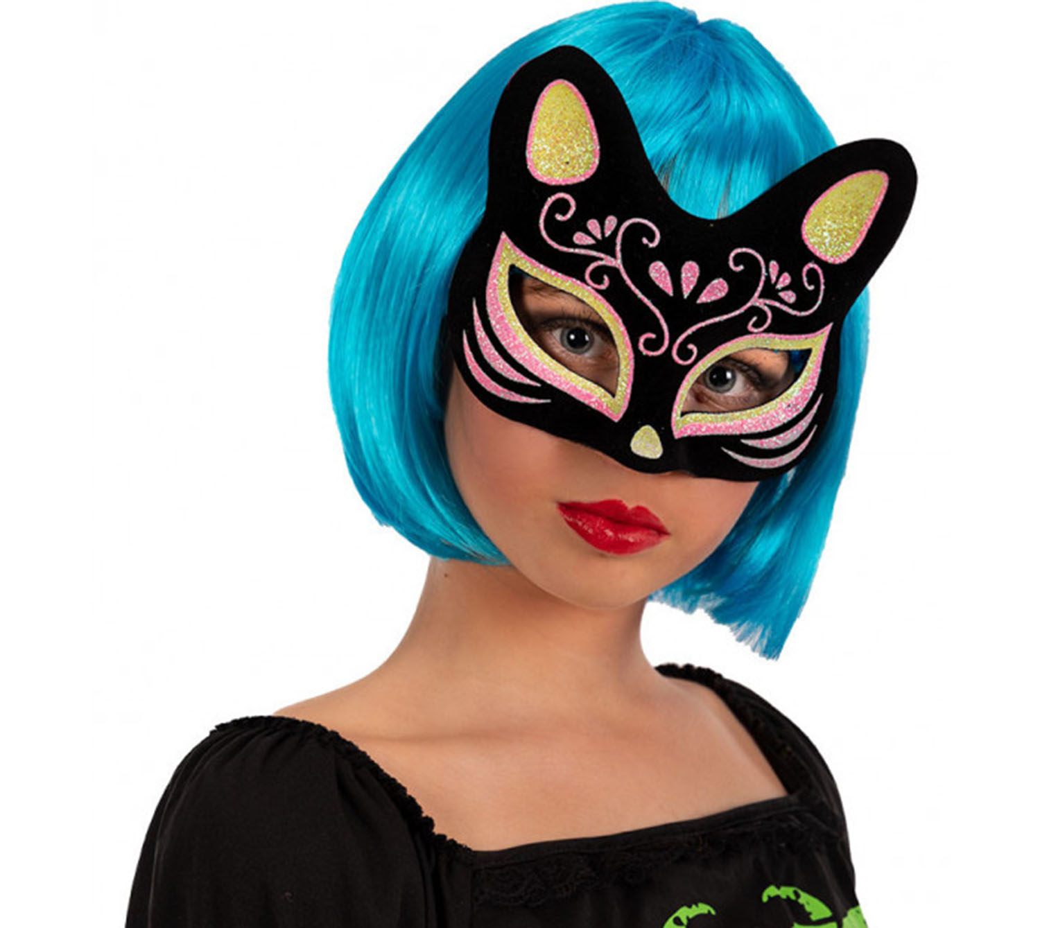 Schwarze Samtmaske mit rosa-gelben Glittern - Katzenmaske 17x14 cm #2