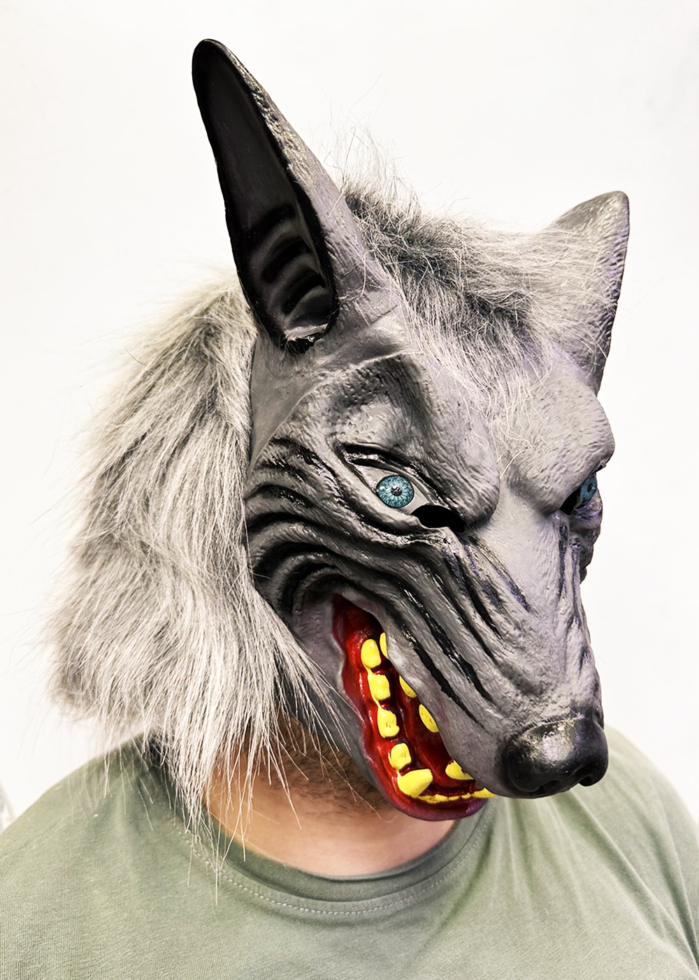 Kafaya Tam Geçmeli Lateks Mavi Gözlü Dişli Ağzı Açık Kurt Ma