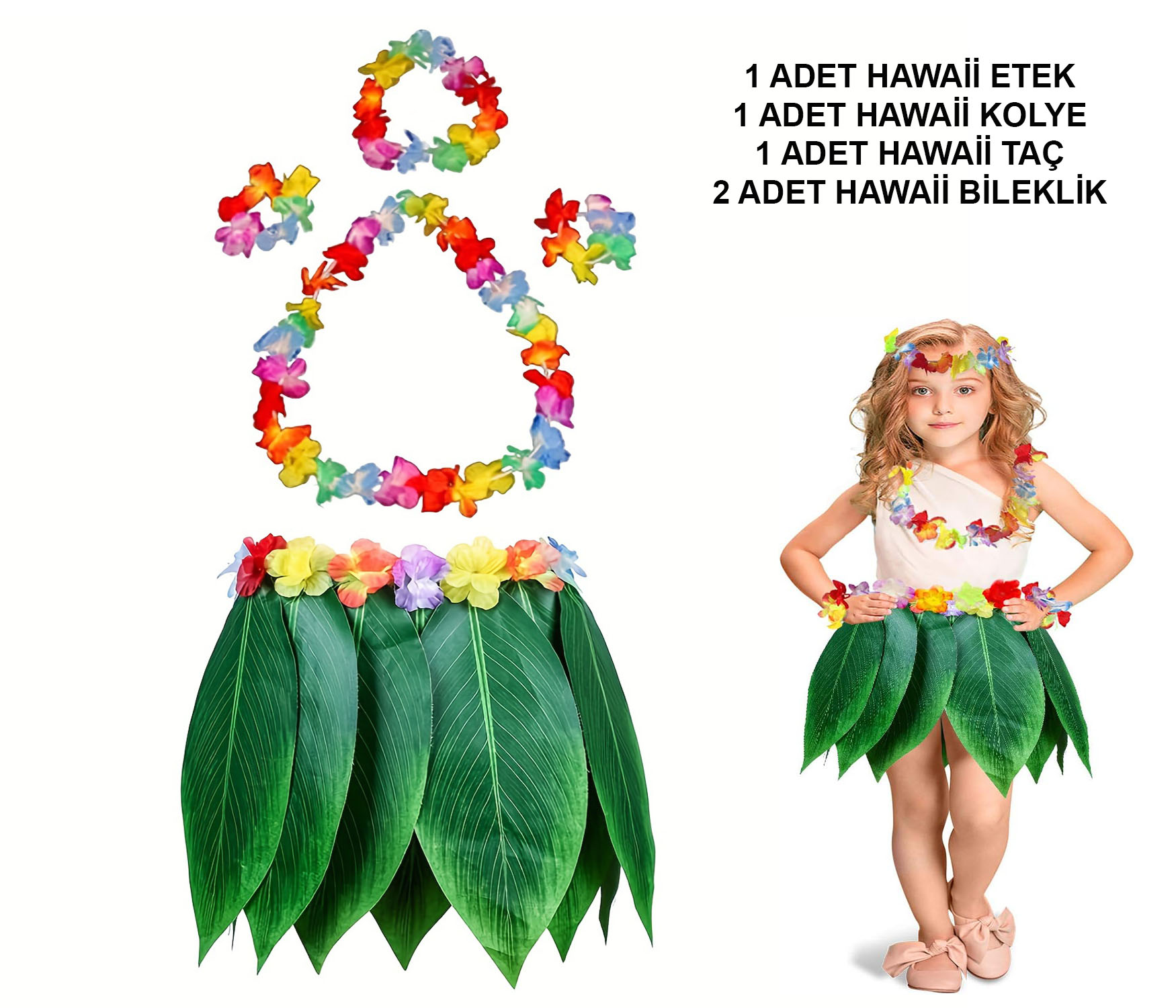 Çocuk Hawaii Kostüm Seti - Yaprak Etek &amp;amp;amp; Hawaii