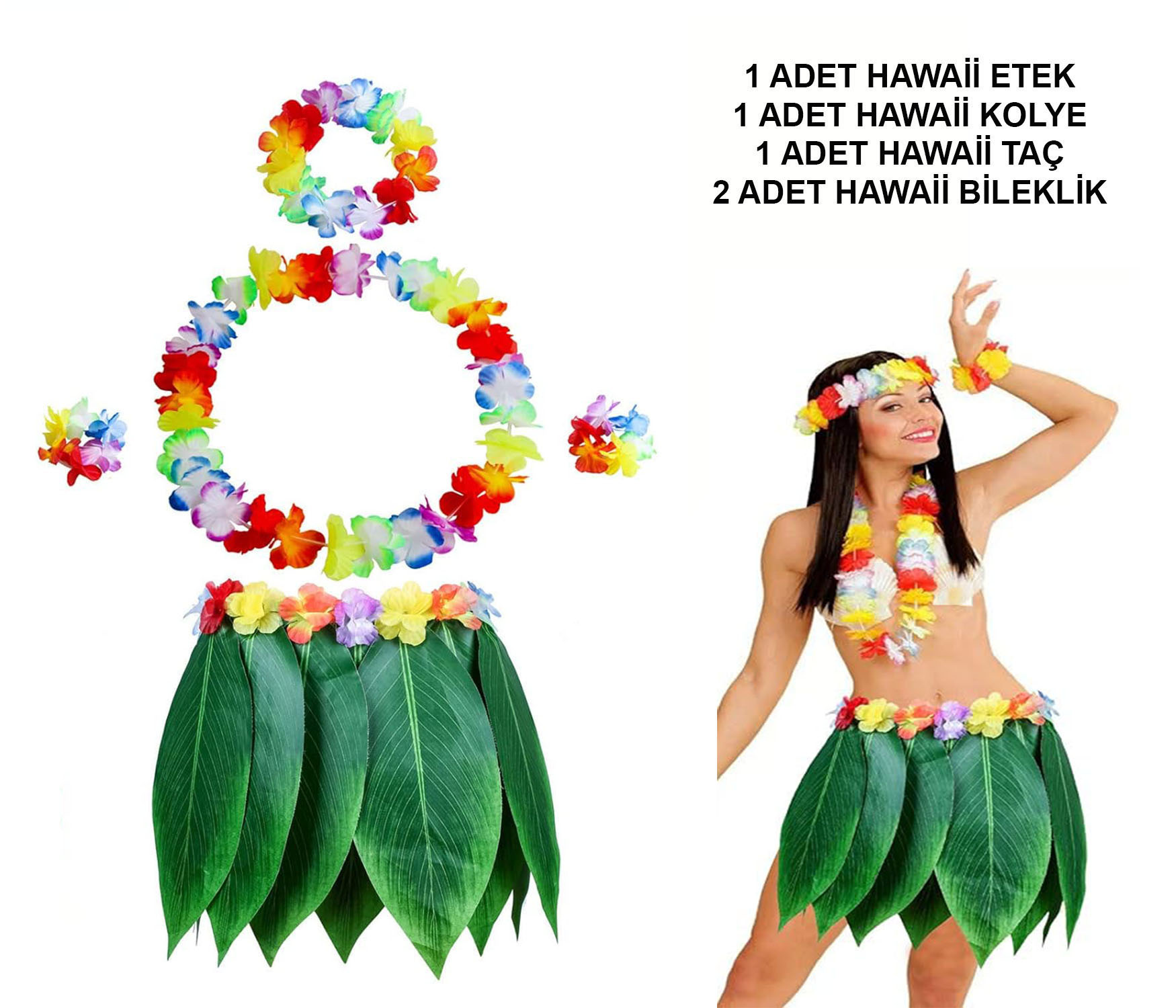 Yetişkin Hawaii Kostüm Seti - Yaprak Etek &amp;amp;amp; Hawa