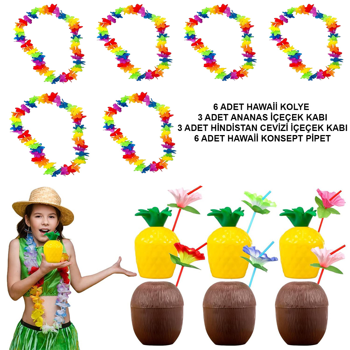 Tropikal Hawaii Parti Malzemeleri – Kolye, Pipet, Bardak Set