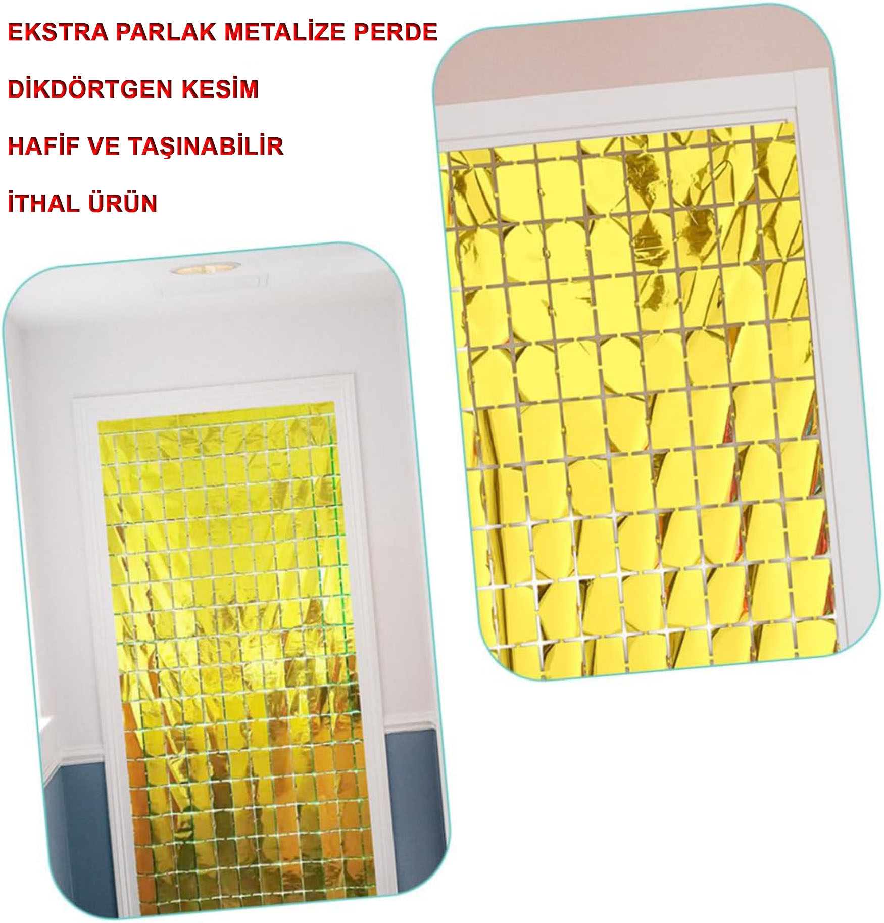 Ekstra Metalize Altın Renk Disko Dikdörtgen Kesim Kapı Perdesi Dekorasyon 1x2 Metre (5563) #2
