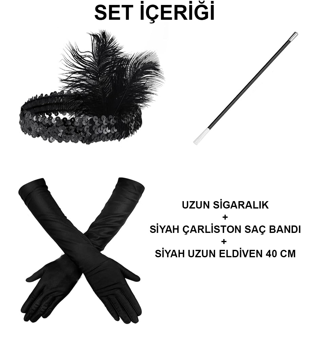 1920er Gatsby Accessoire-Set – Schwarzes Charleston Haarband, lange Handschuhe & Zigarettenspitze (5563) #2