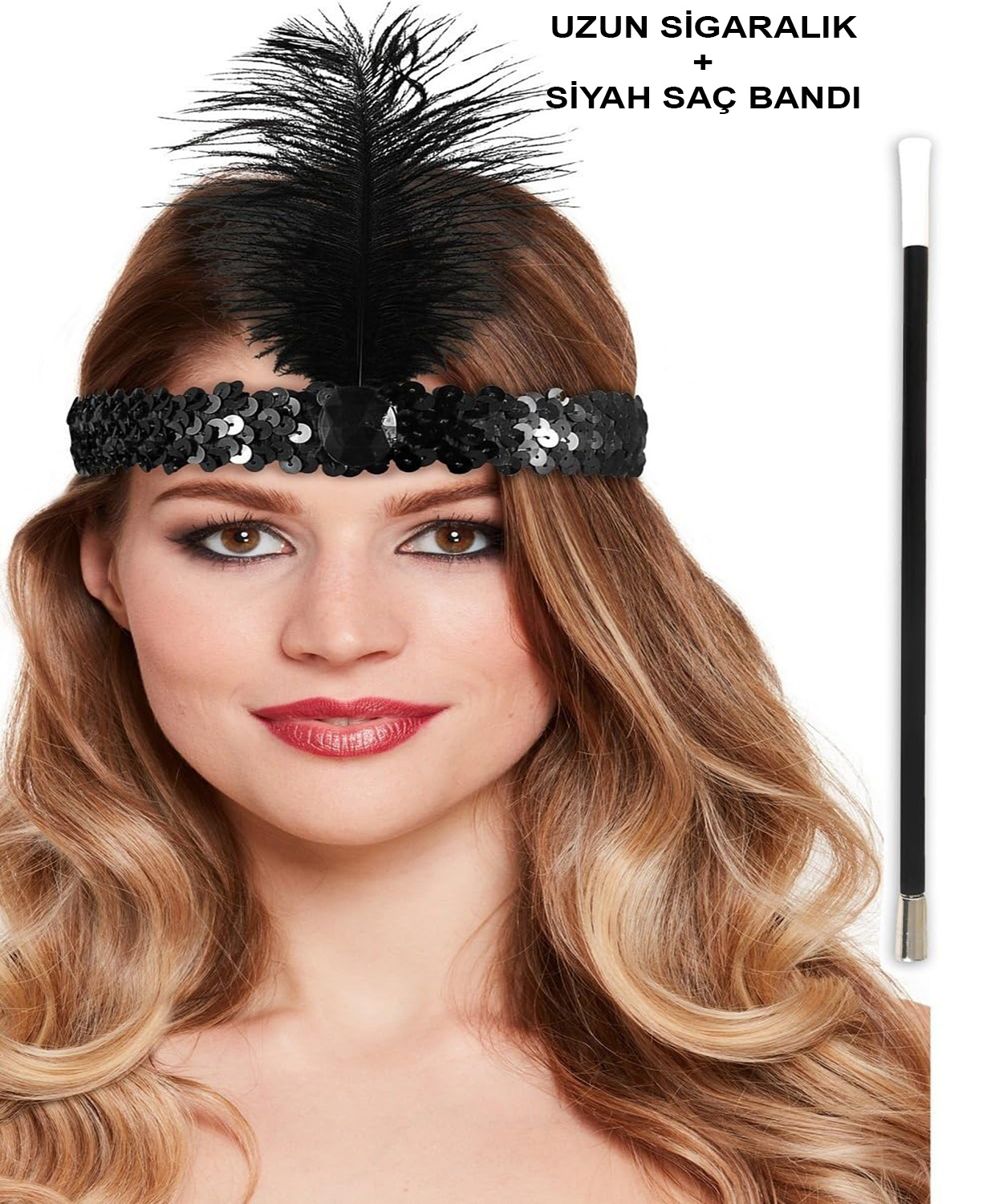 1920er Gatsby Accessoire-Set – Schwarzes Charleston Haarband & Zigarettenspitze (5563) #3