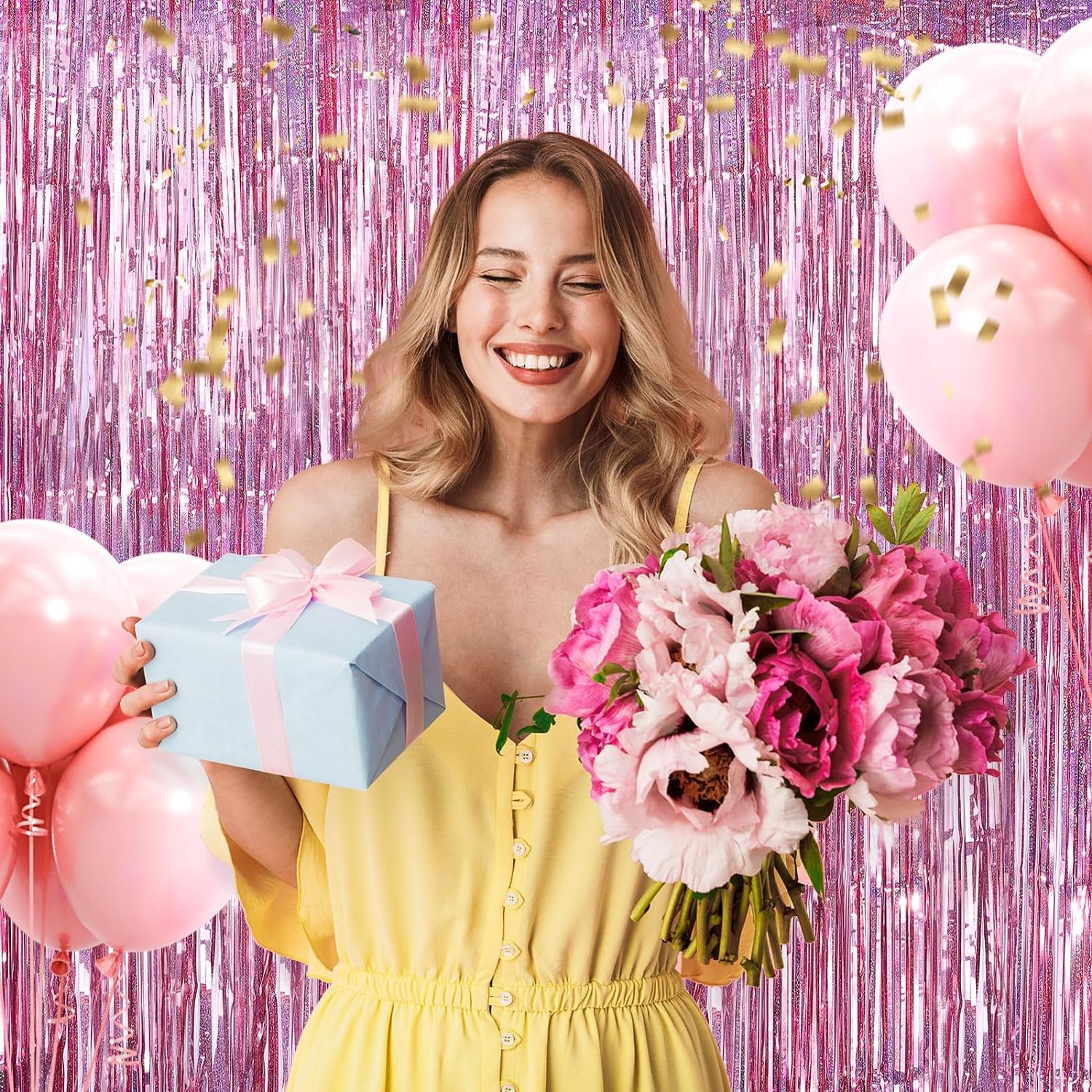 Rose Gold Renk Ekstra Metalize Parlak Saçaklı Arka Fon Perde İthal A Kalite 1x2 Metre (5563) #3