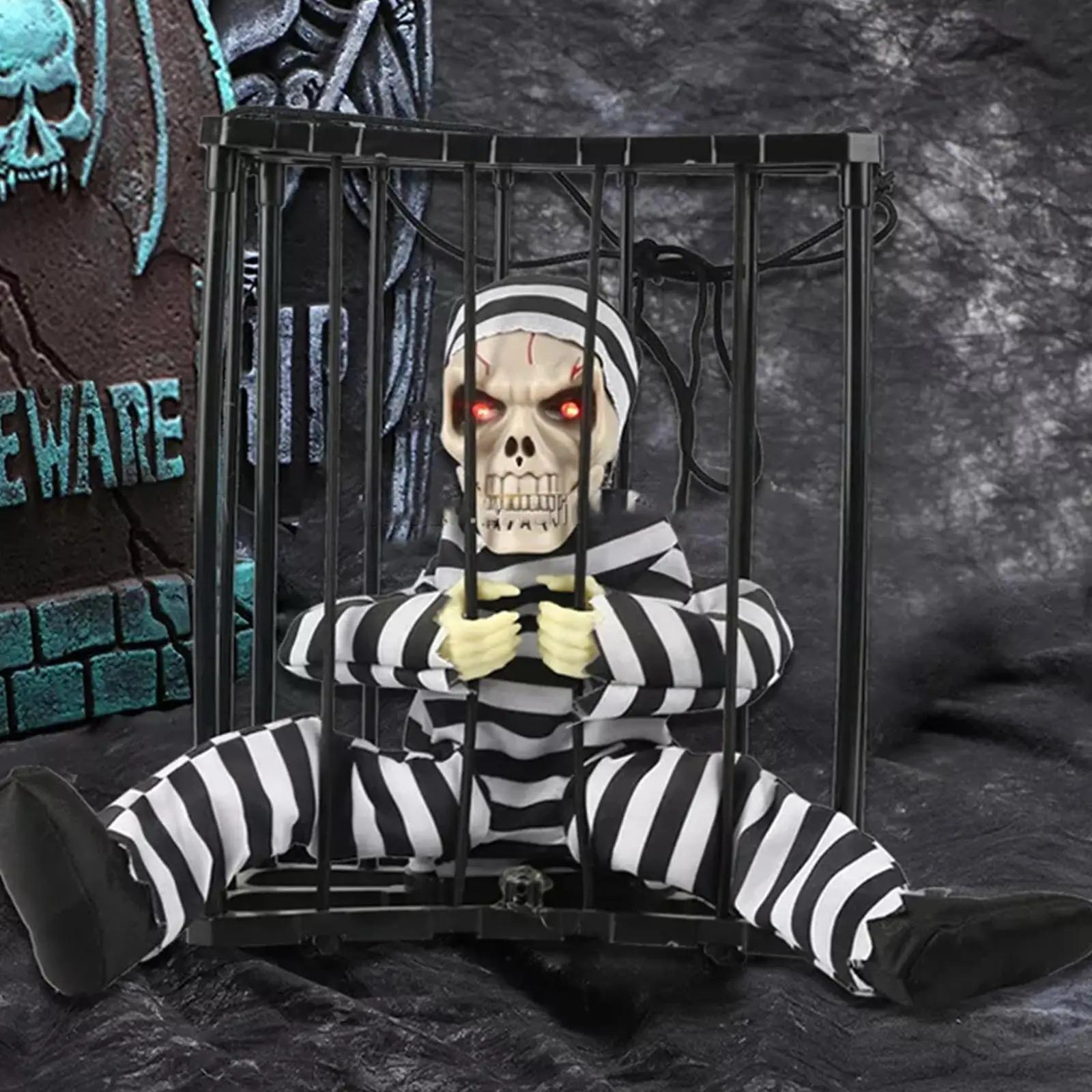 Hareketli Sesli Sensörlü Mahkum Görünümlü Kuru Kafa İskelet Dekorasyon 22x27 cm (5563) #2