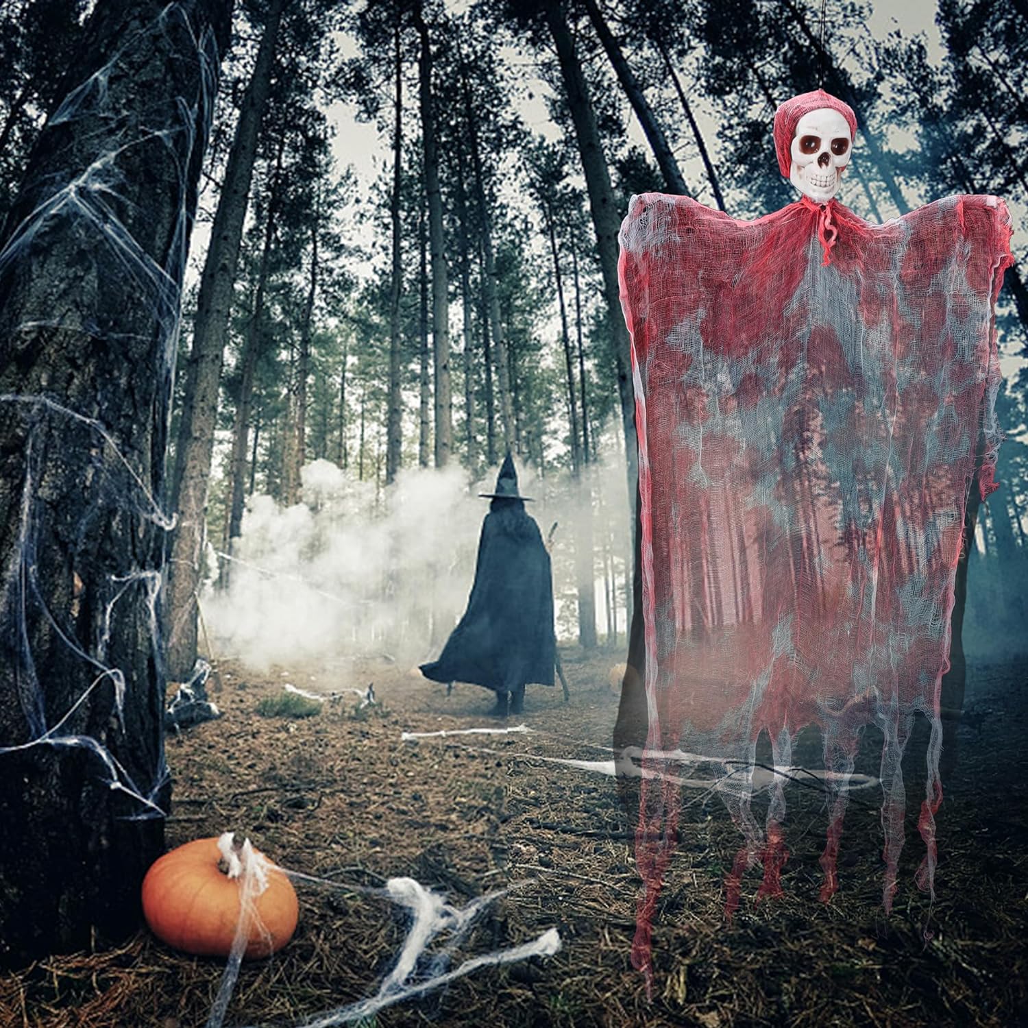 Led Işıklı Kahkaha Atan Sesli Sensörlü Ürpertici Kuru Kafa Kanlı Korku Hayalet Saçaklı Dekor 90x50 cm (5563) #2