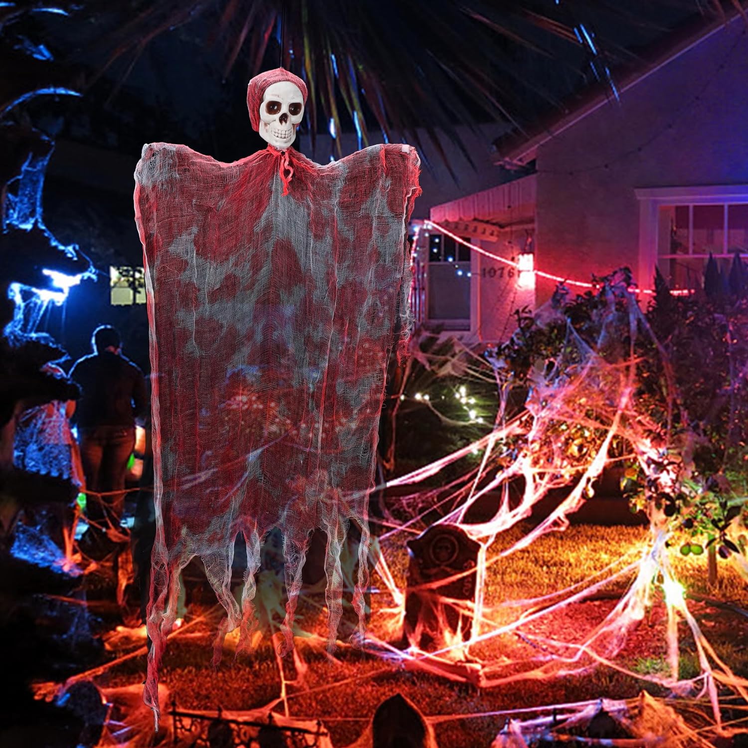 Led Işıklı Kahkaha Atan Sesli Sensörlü Ürpertici Kuru Kafa Kanlı Korku Hayalet Saçaklı Dekor 90x50 cm (5563) #3