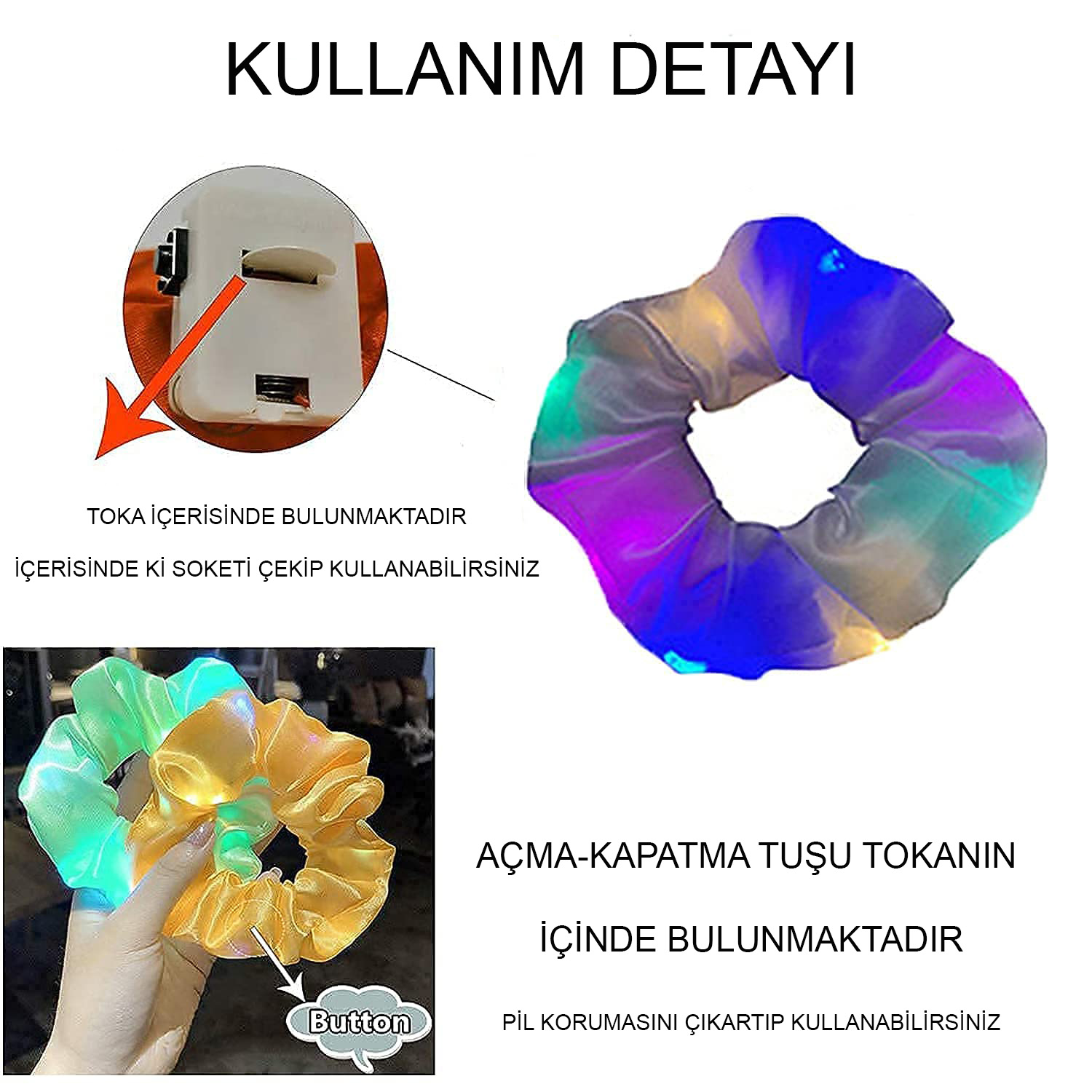 Lila Mor Renk Led Işıklı Lastikli Saç Tokası - 3 Modlu Festival - Parti Saç Tokası (5563) #4