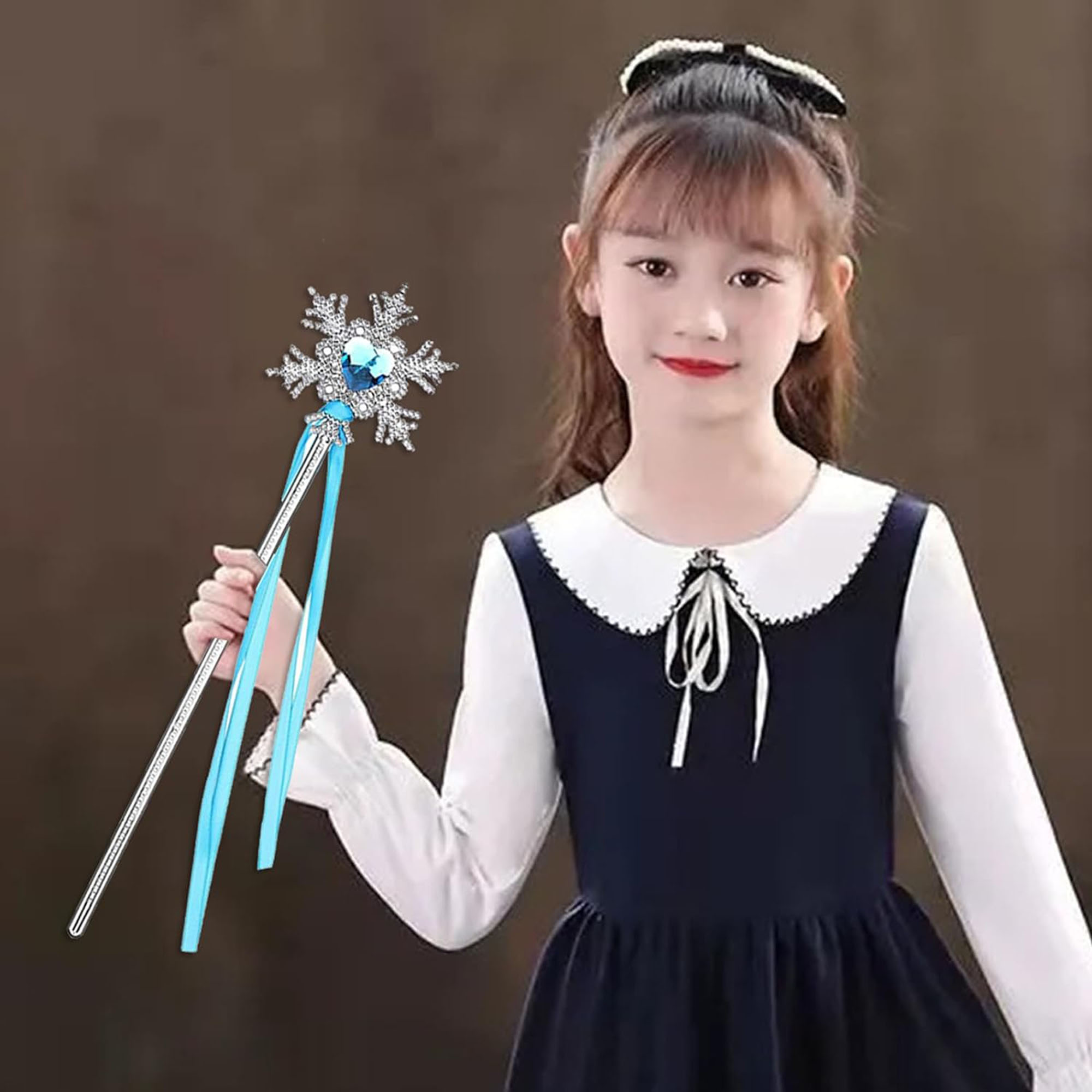 Kar Taneli Mavi Kalp Taşlı Saten Kurdeleli Karlar Ülkesi Elsa Asası Sopası 34 cm (5563) #3