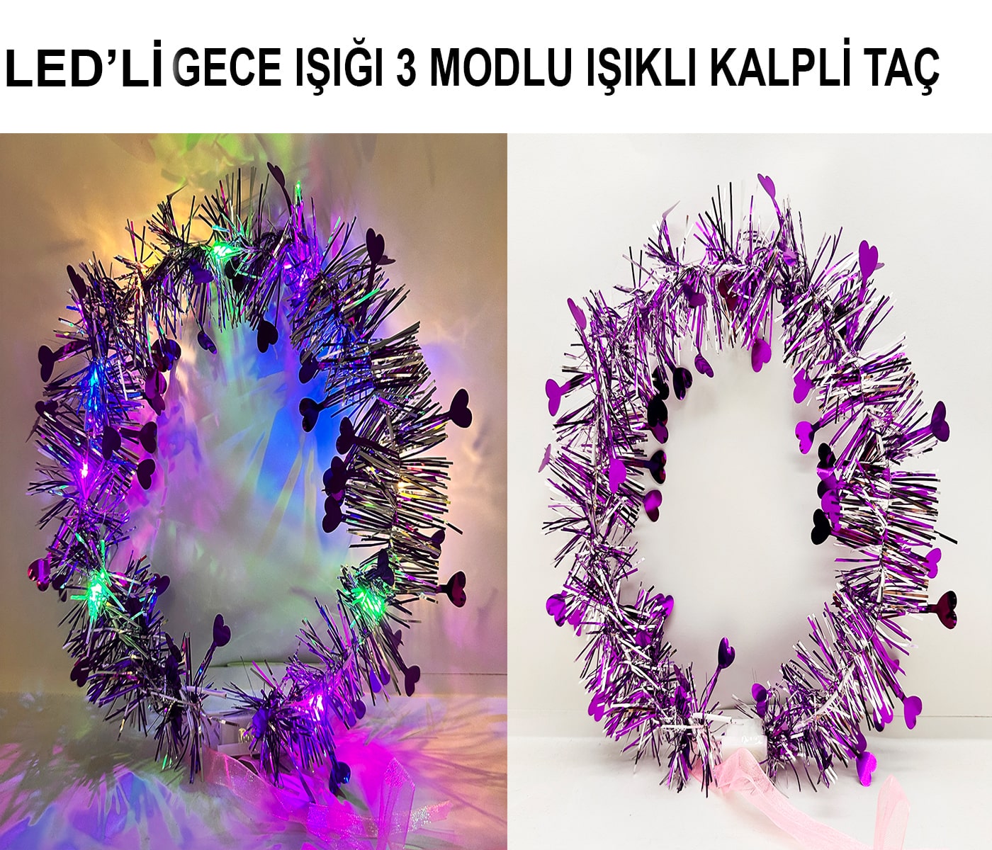 Kalp Püsküllü Gece Parıltısı 3 Modlu LED&amp;apos;li Işıklı Taç Mor Renk (5563) #3