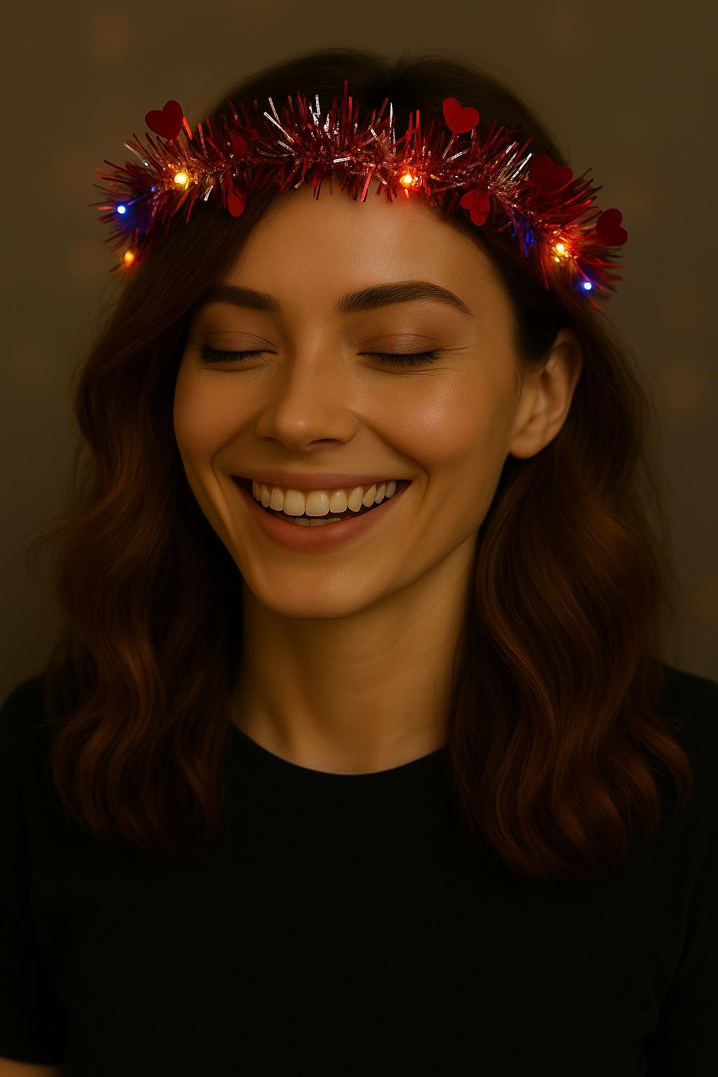 Kalp Püsküllü Gece Parıltısı 3 Modlu LED&amp;apos;li Işıklı Taç Kırmızı Renk (5563) #2