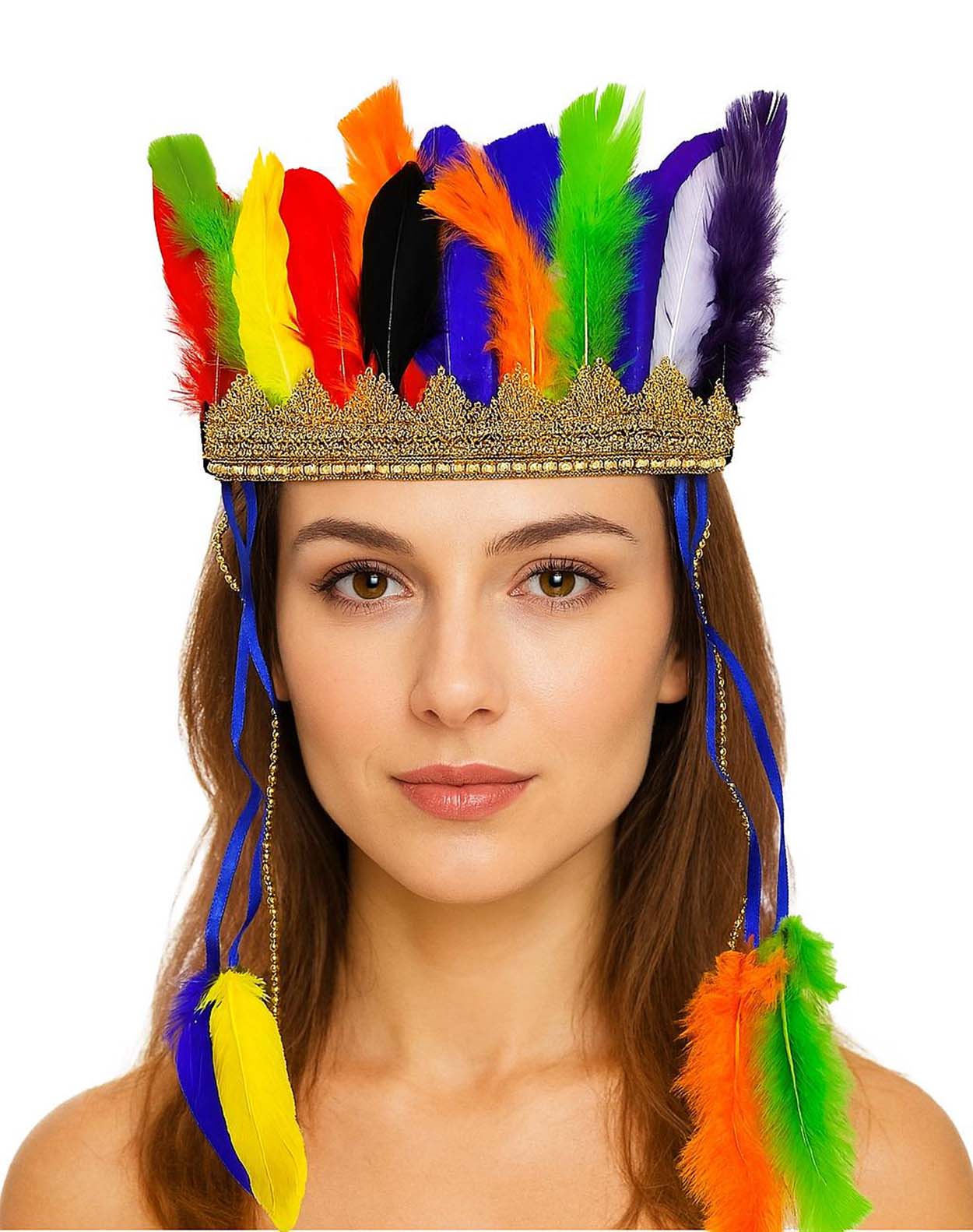 Elastisches Indianerhauptkleid mit farbigen Federn (5563) #2